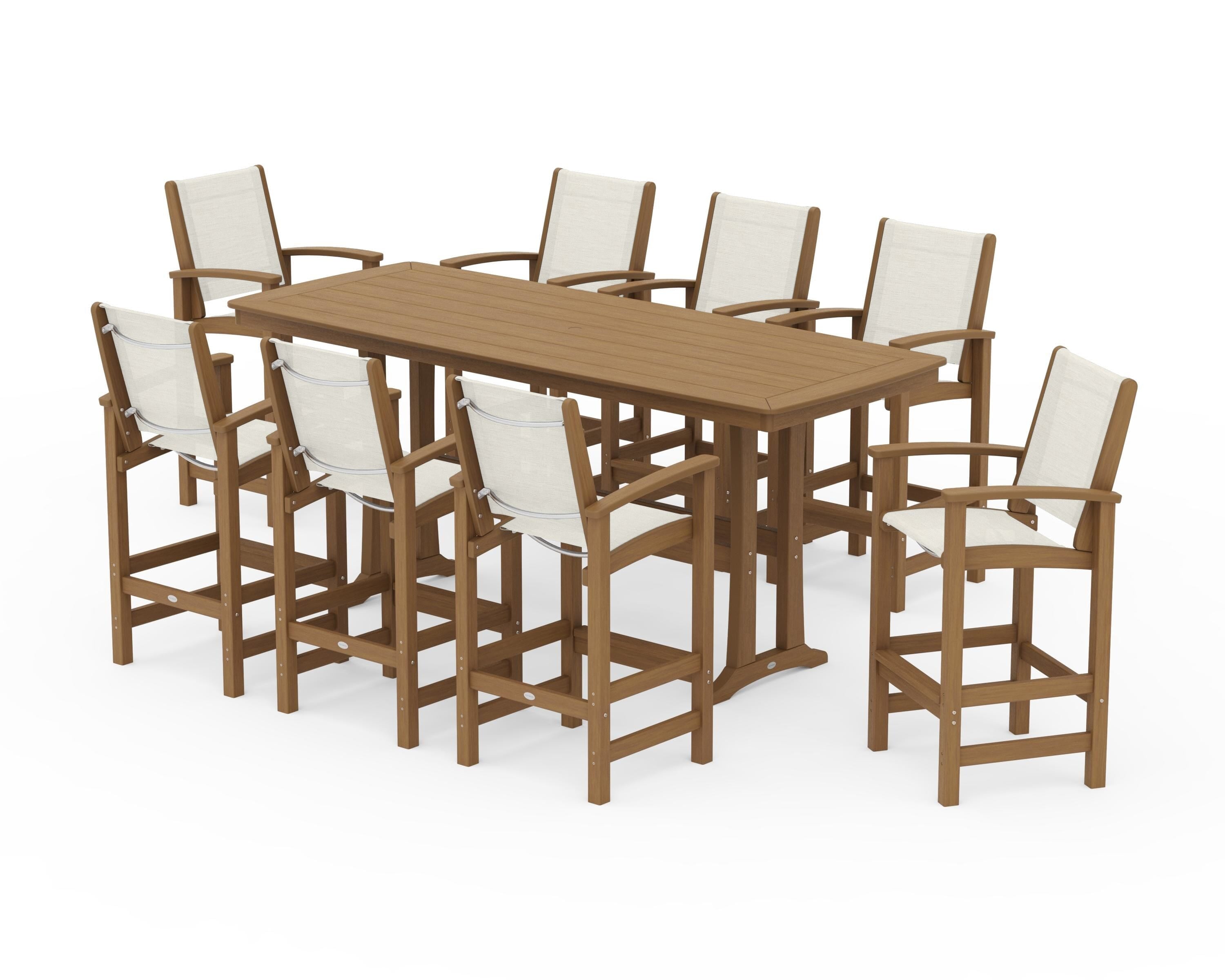POLYWOOD Coastal 9-Piece Bar Set with Trestle Legs in Natural / Parchment Sling