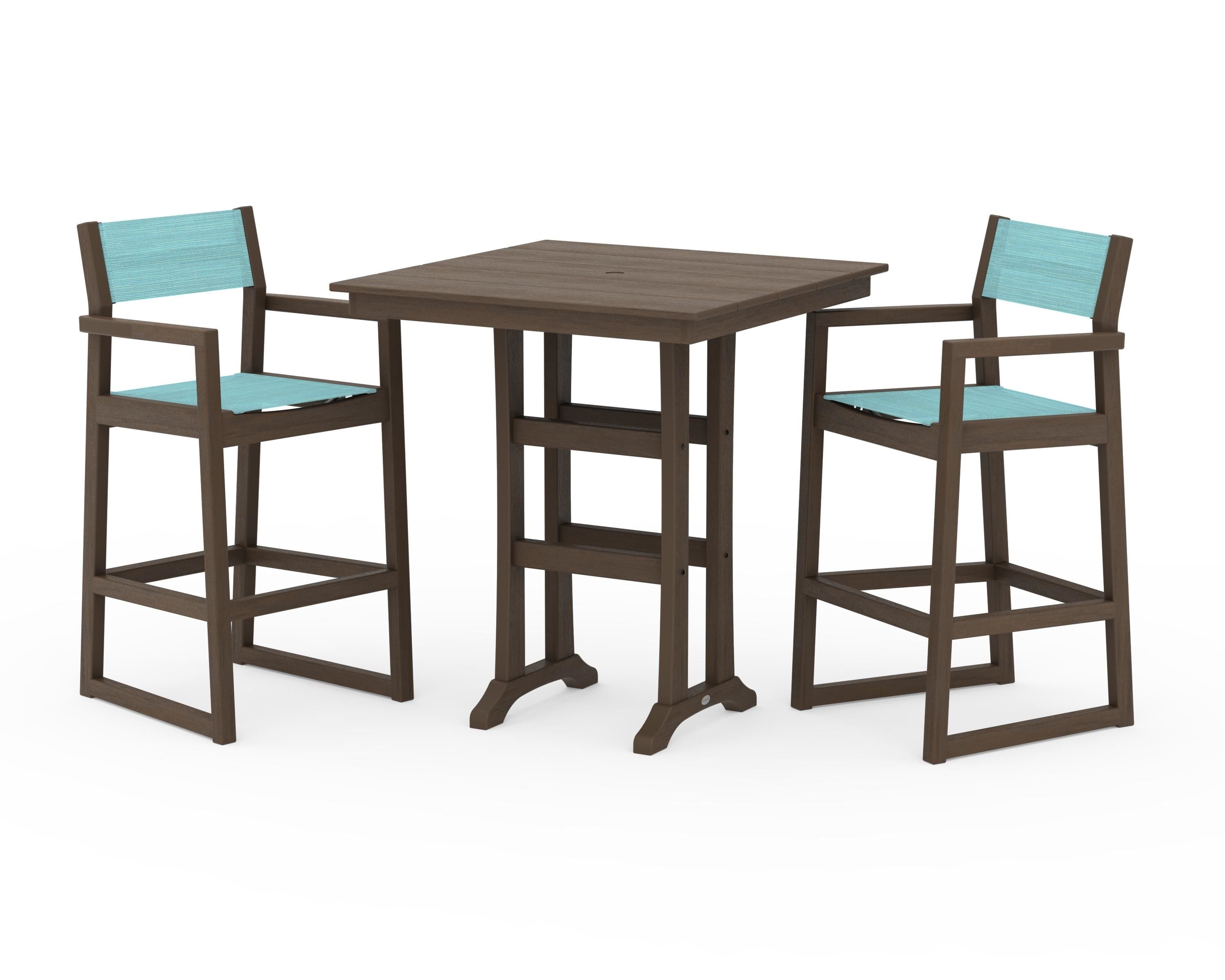 POLYWOOD EDGE Sling Arm Chair 3-Piece Farmhouse Bar Set with Trestle Legs in Kona / Dupioni Aquamarine Sling