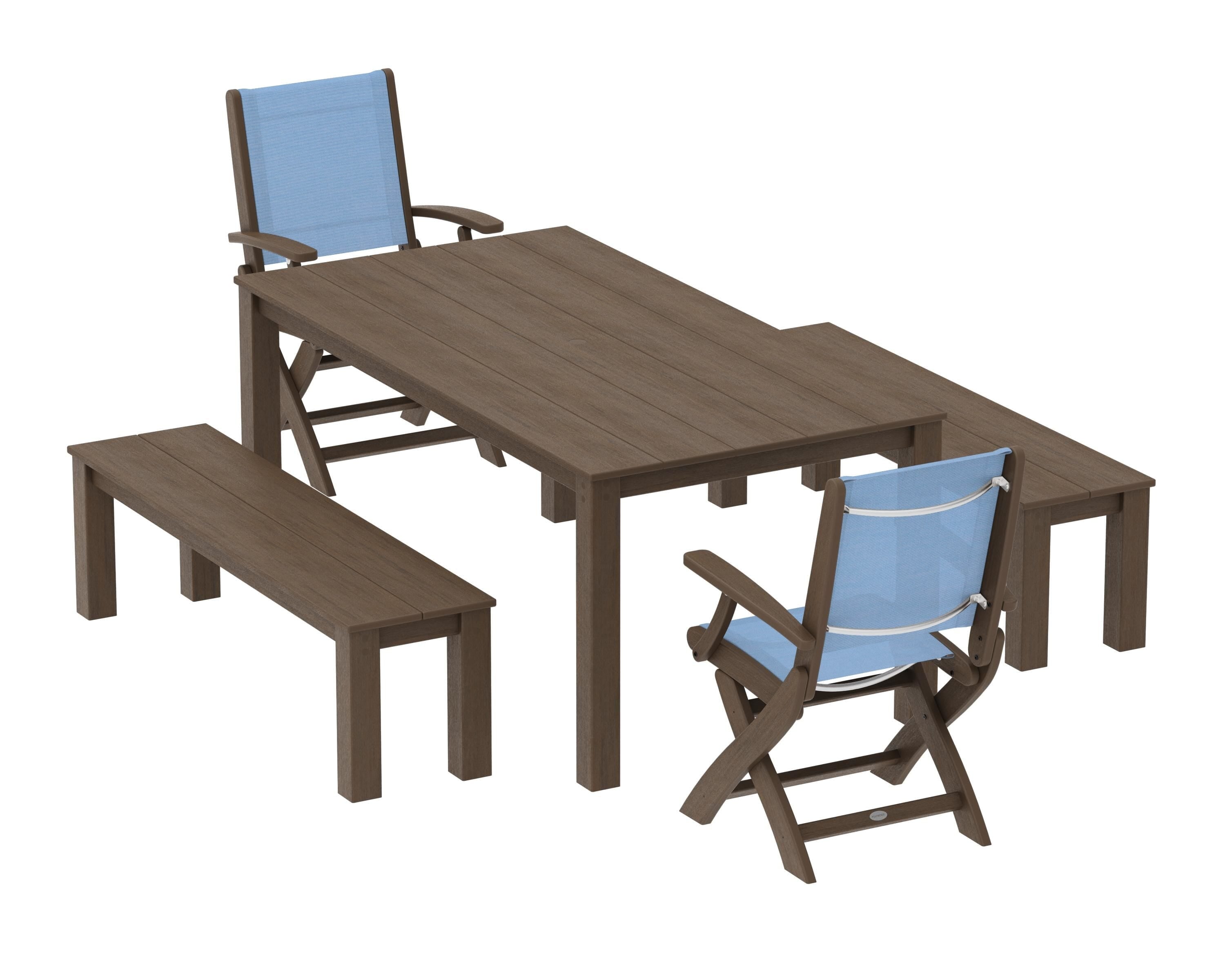 POLYWOOD Coastal Folding Chair 5-Piece Parsons Dining Set with Benches in Kona / Poolside Sling