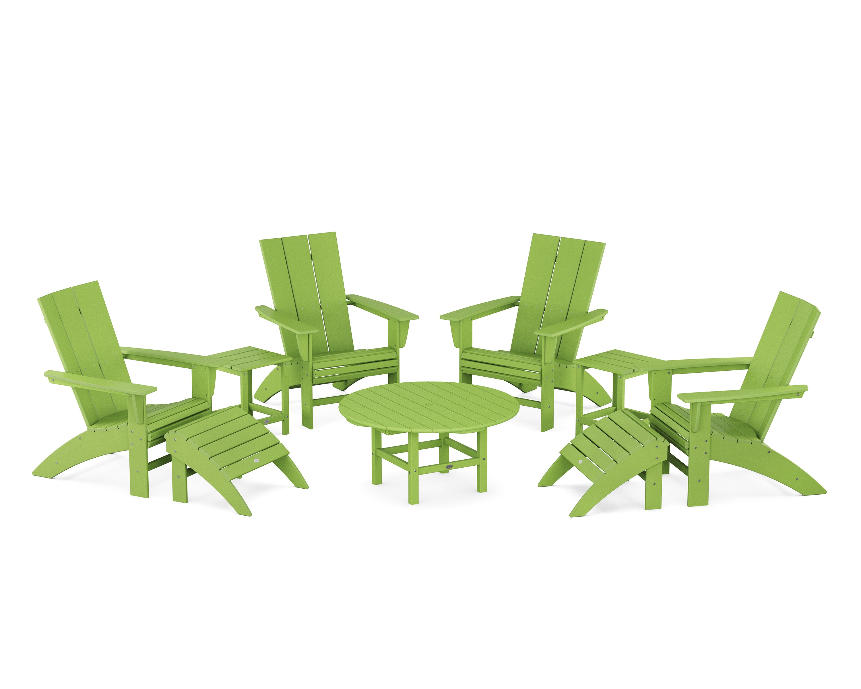 POLYWOOD® Modern Curveback Adirondack Chair 9-Piece Conversation Set in Lime