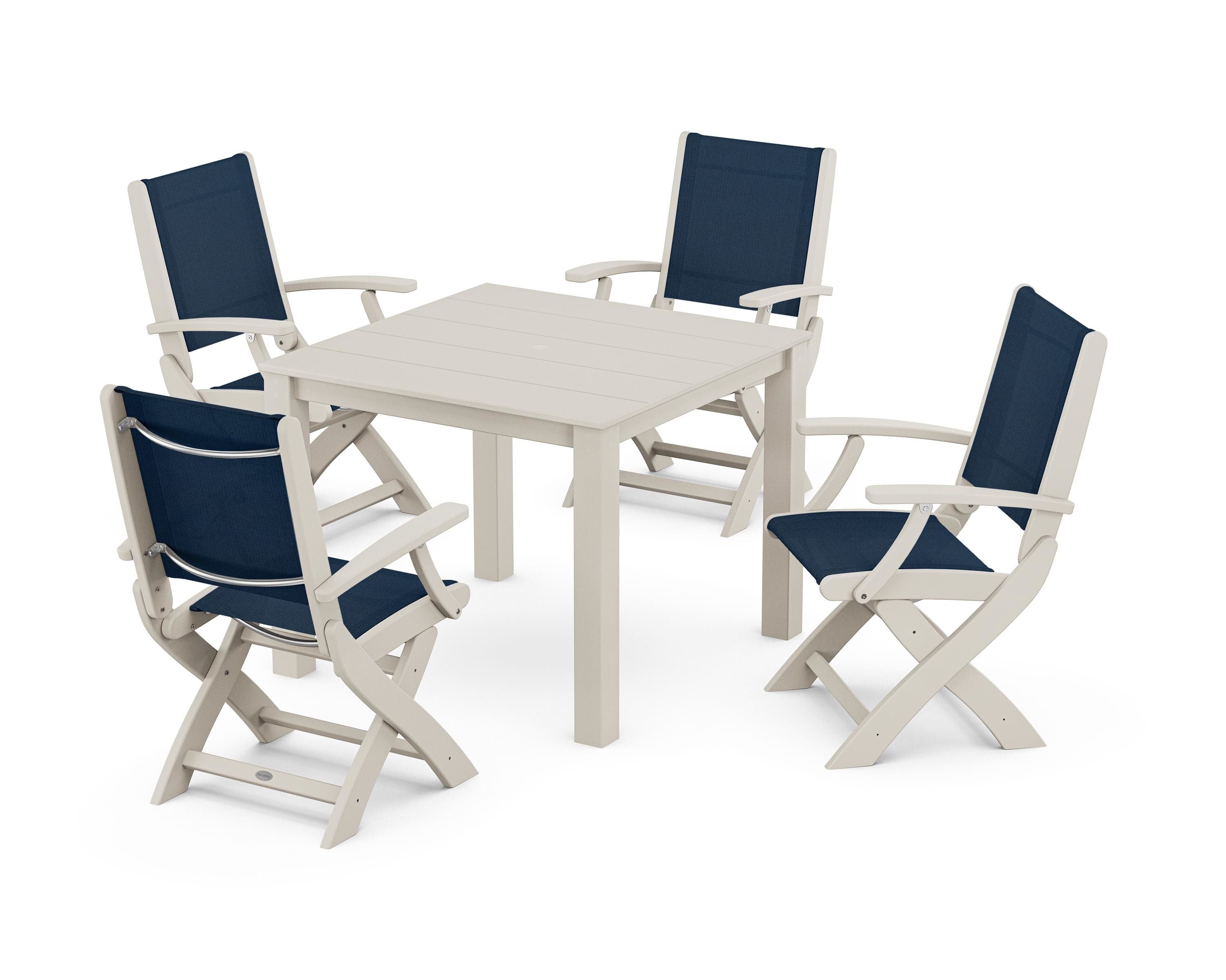 POLYWOOD Coastal Folding Chair 5-Piece Parsons Dining Set in Sand / Navy Blue Sling