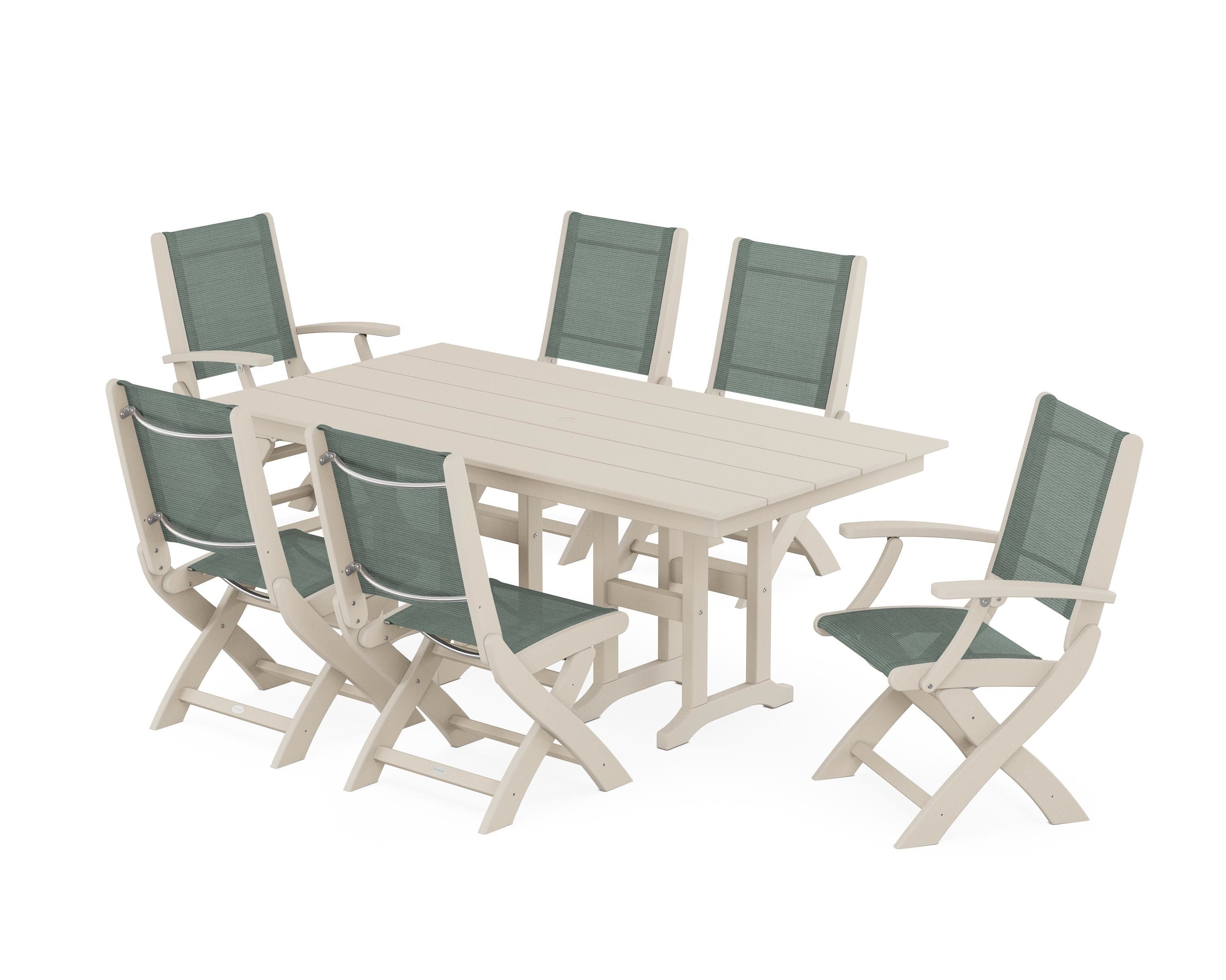 POLYWOOD Coastal Folding Chair 7-Piece Farmhouse Dining Set in Sand / Dupioni Sea Mist Sling