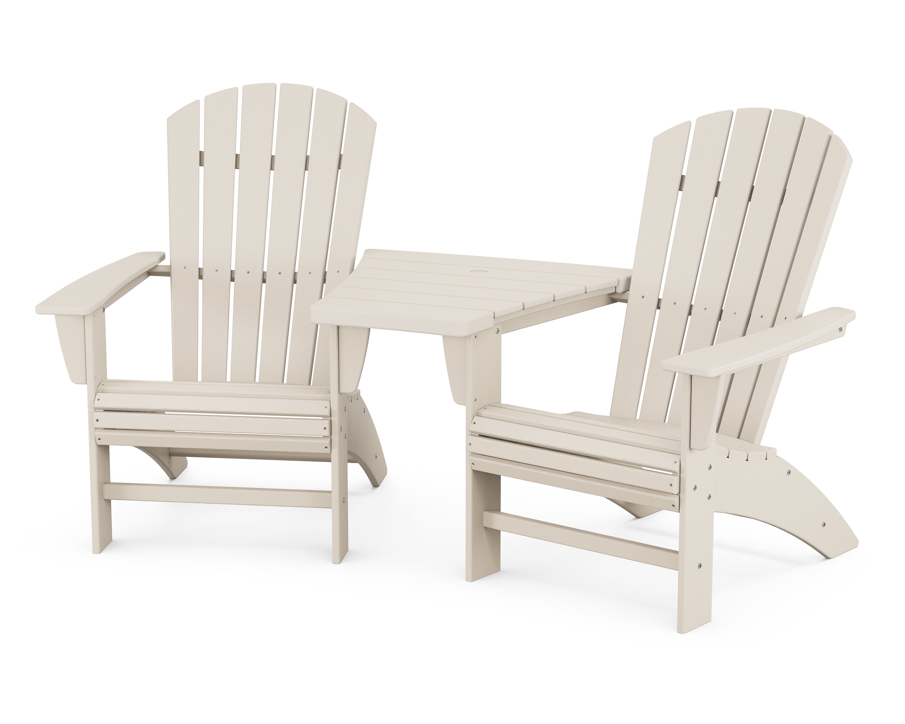 POLYWOOD® Nautical 3-Piece Curveback Adirondack Set with Angled Connecting Table in Sand