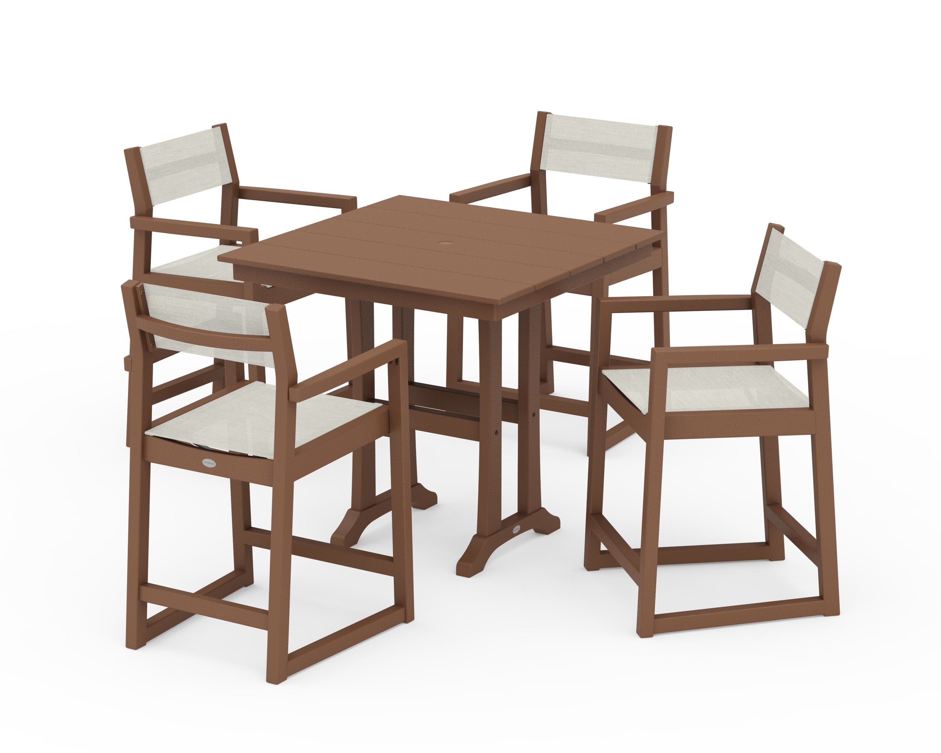 POLYWOOD EDGE Sling Arm Chair 5-Piece Farmhouse Counter Set with Trestle Legs in Teak / Parchment Sling