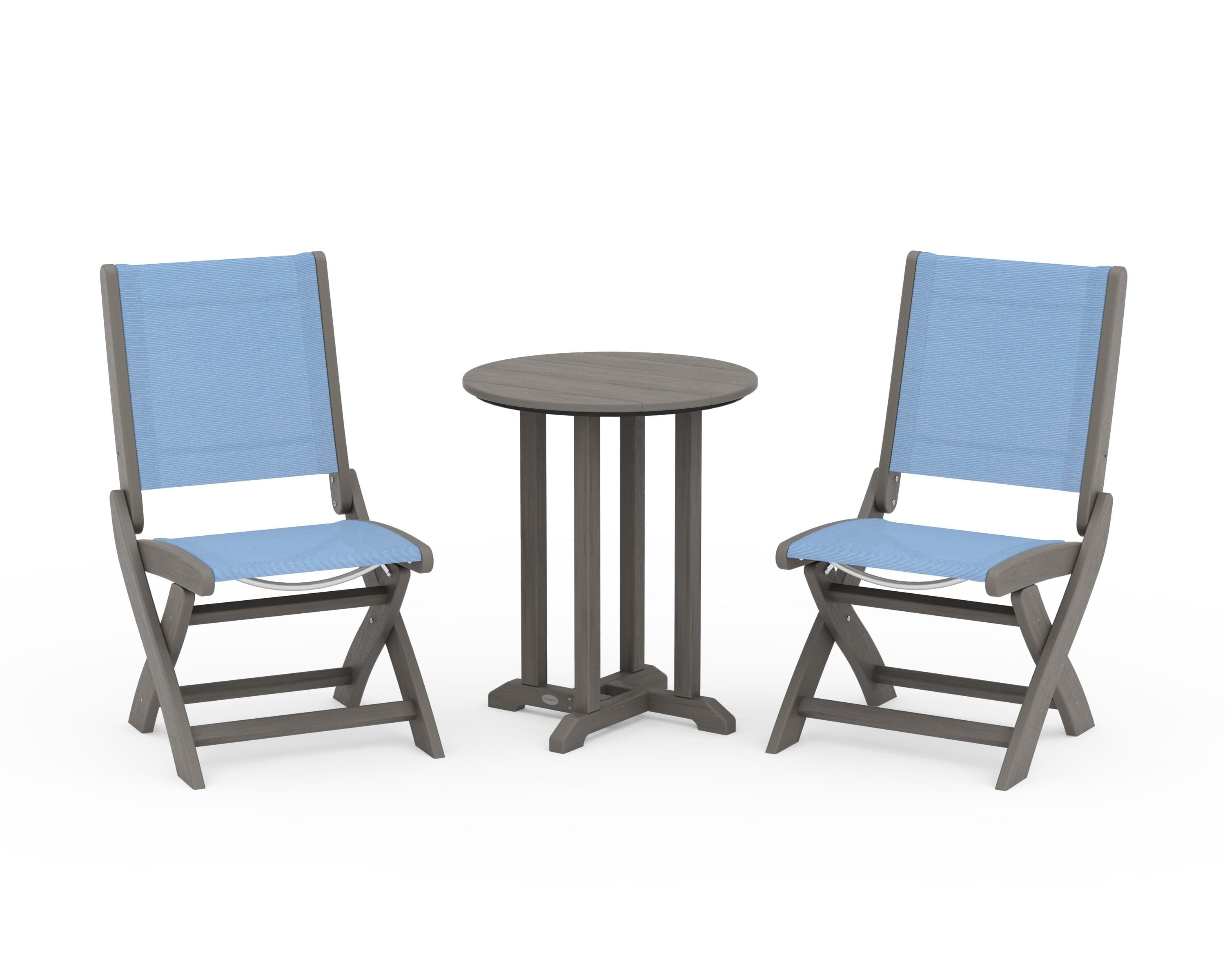 POLYWOOD Coastal Folding Side Chair 3-Piece Round Bistro Dining Set in Driftwood / Poolside Sling