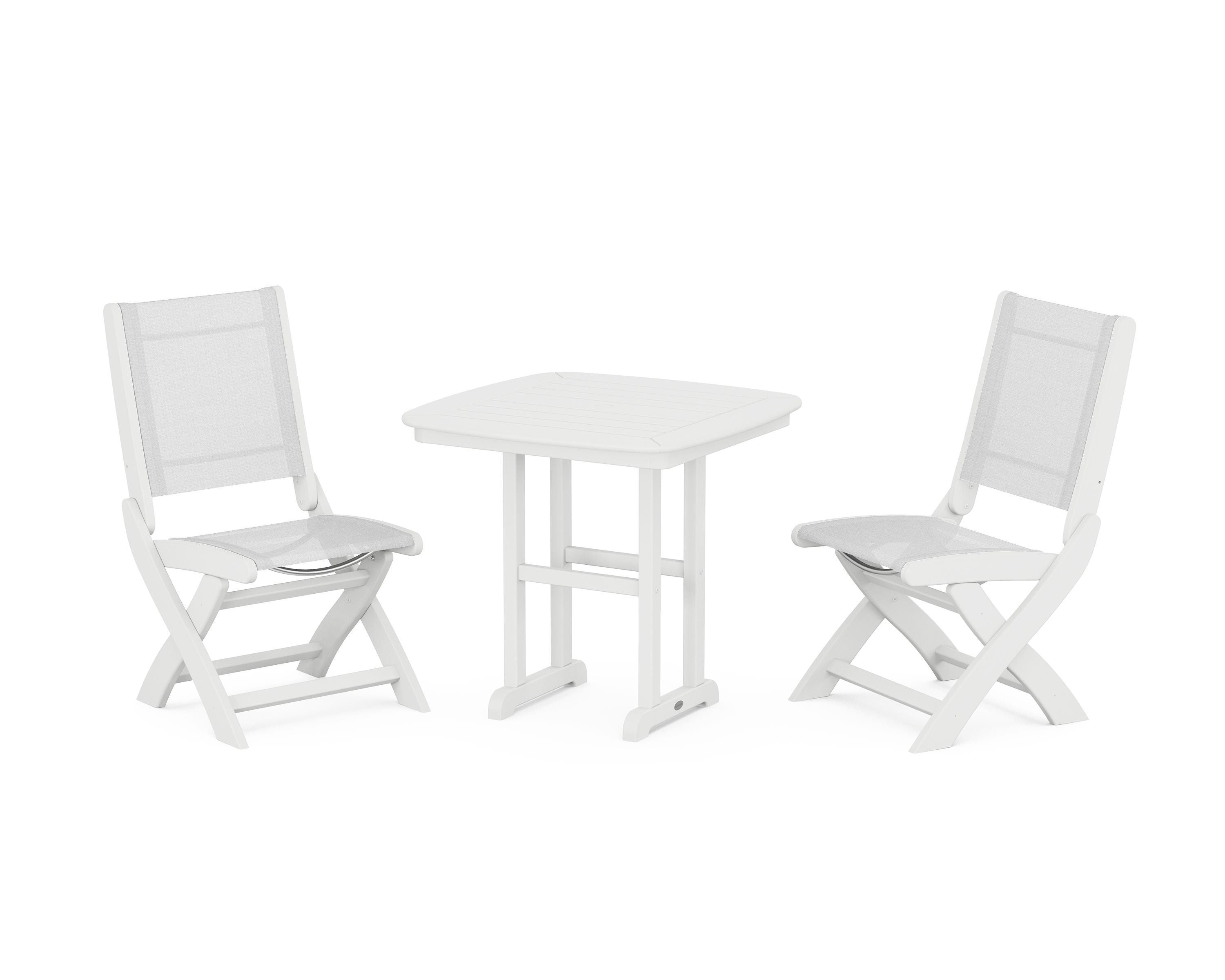 POLYWOOD Coastal Folding Side Chair 3-Piece Dining Set in White / White Sling