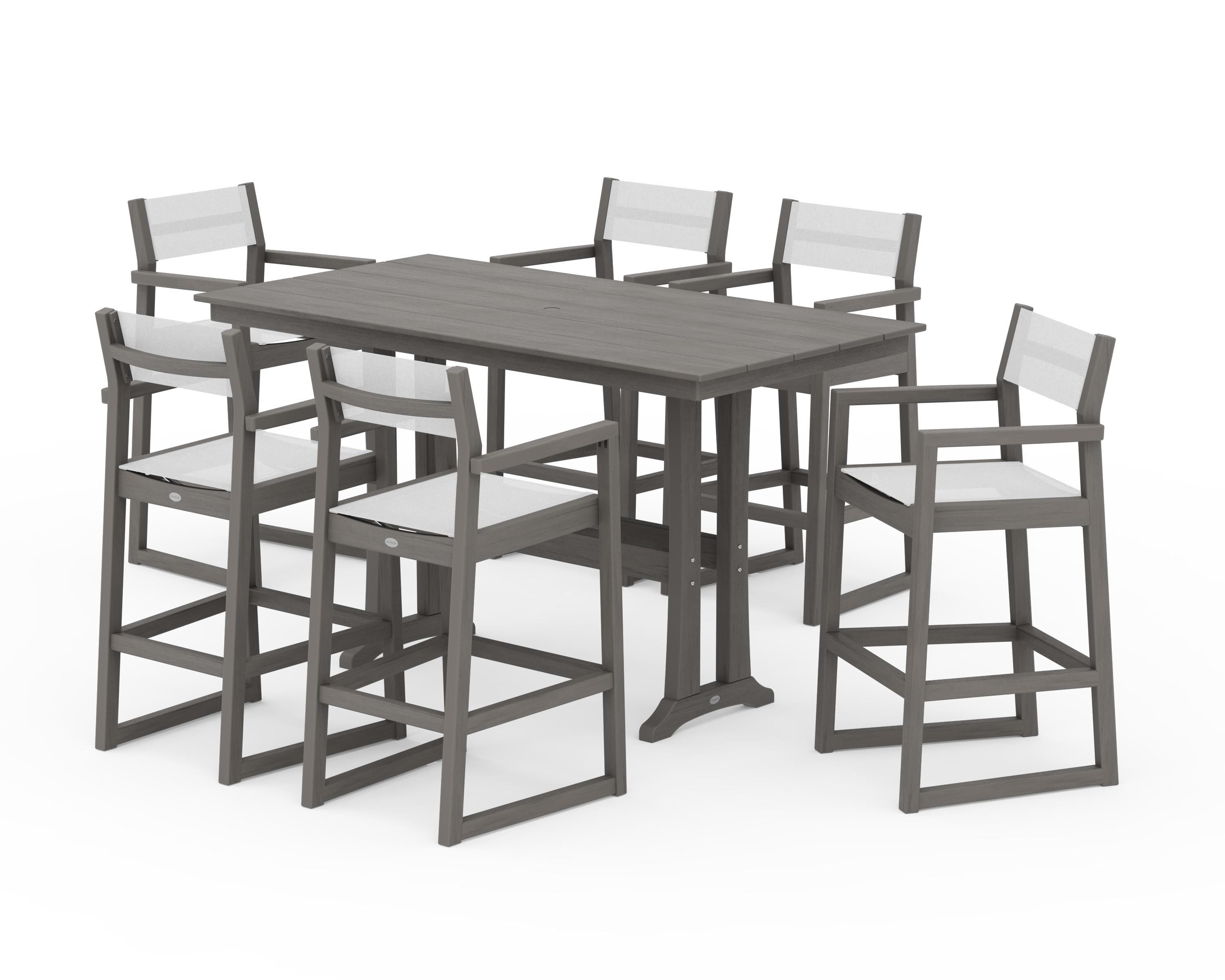 POLYWOOD EDGE Sling Arm Chair 7-Piece Farmhouse Bar Set with Trestle Legs in Driftwood / White Sling