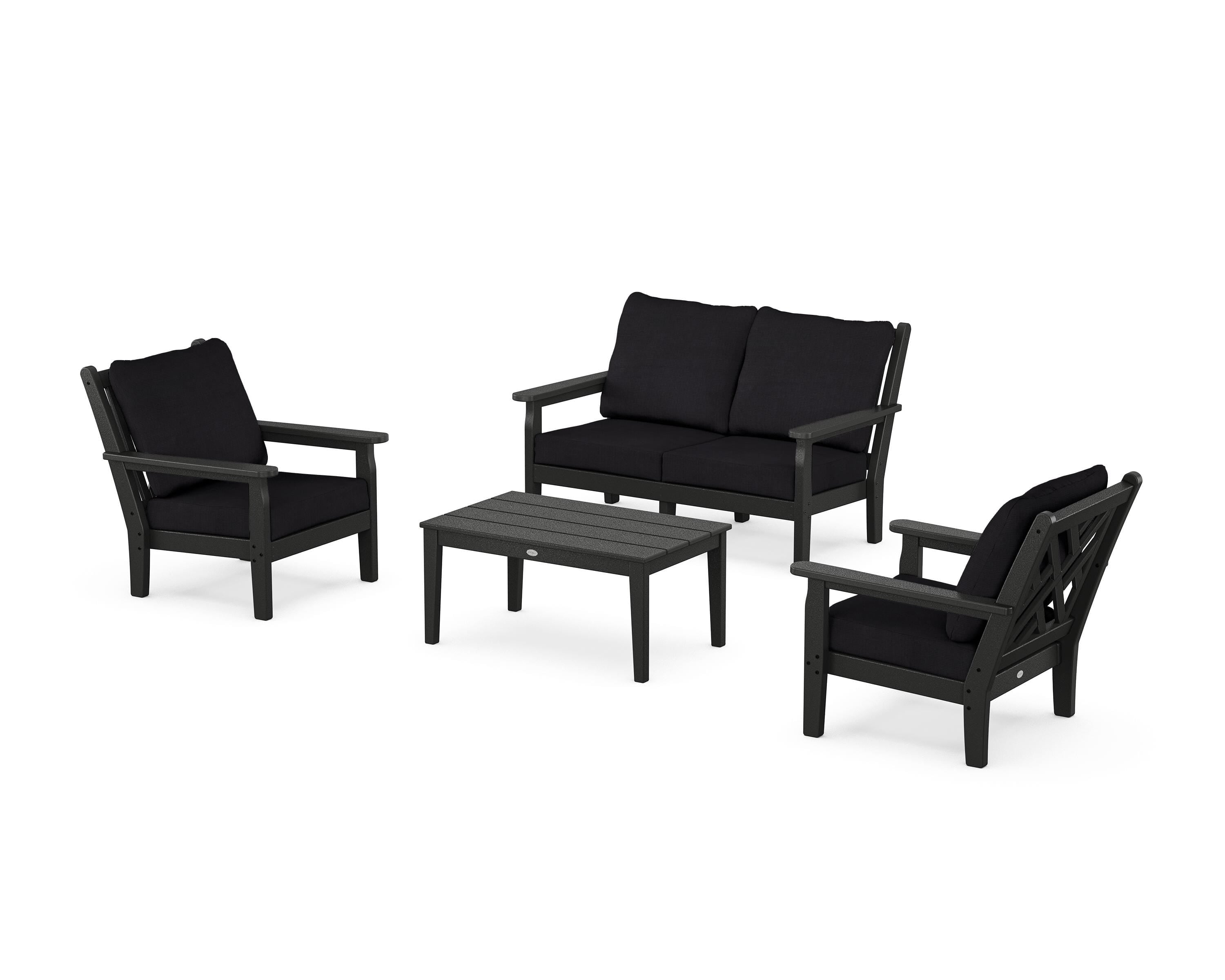 POLYWOOD Chippendale 4-Piece Deep Seating Set with Loveseat in Black / Midnight Linen