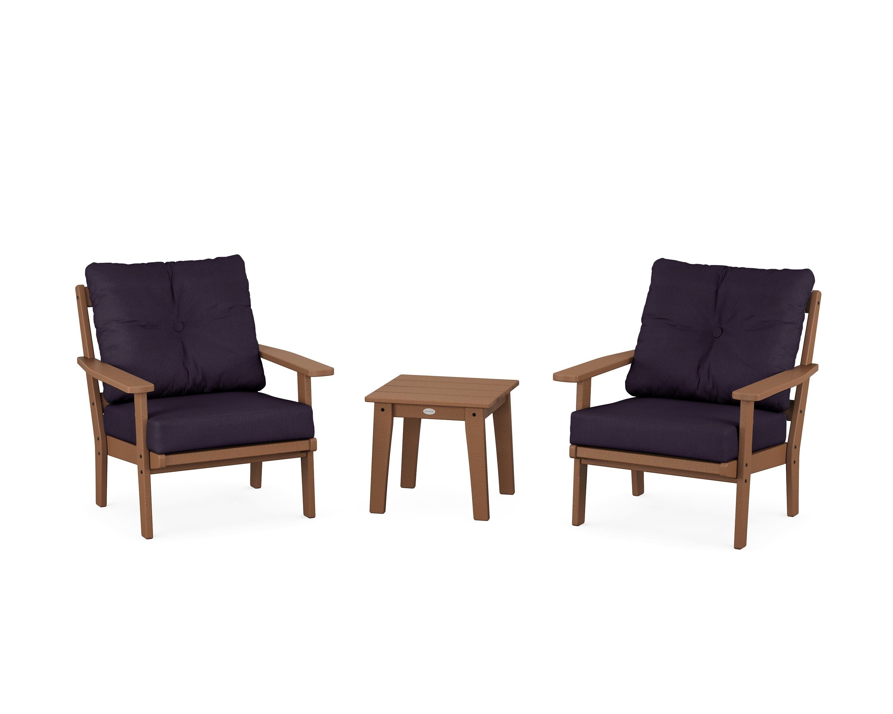 POLYWOOD Prairie 3-Piece Deep Seating Set in Teak / Navy Linen