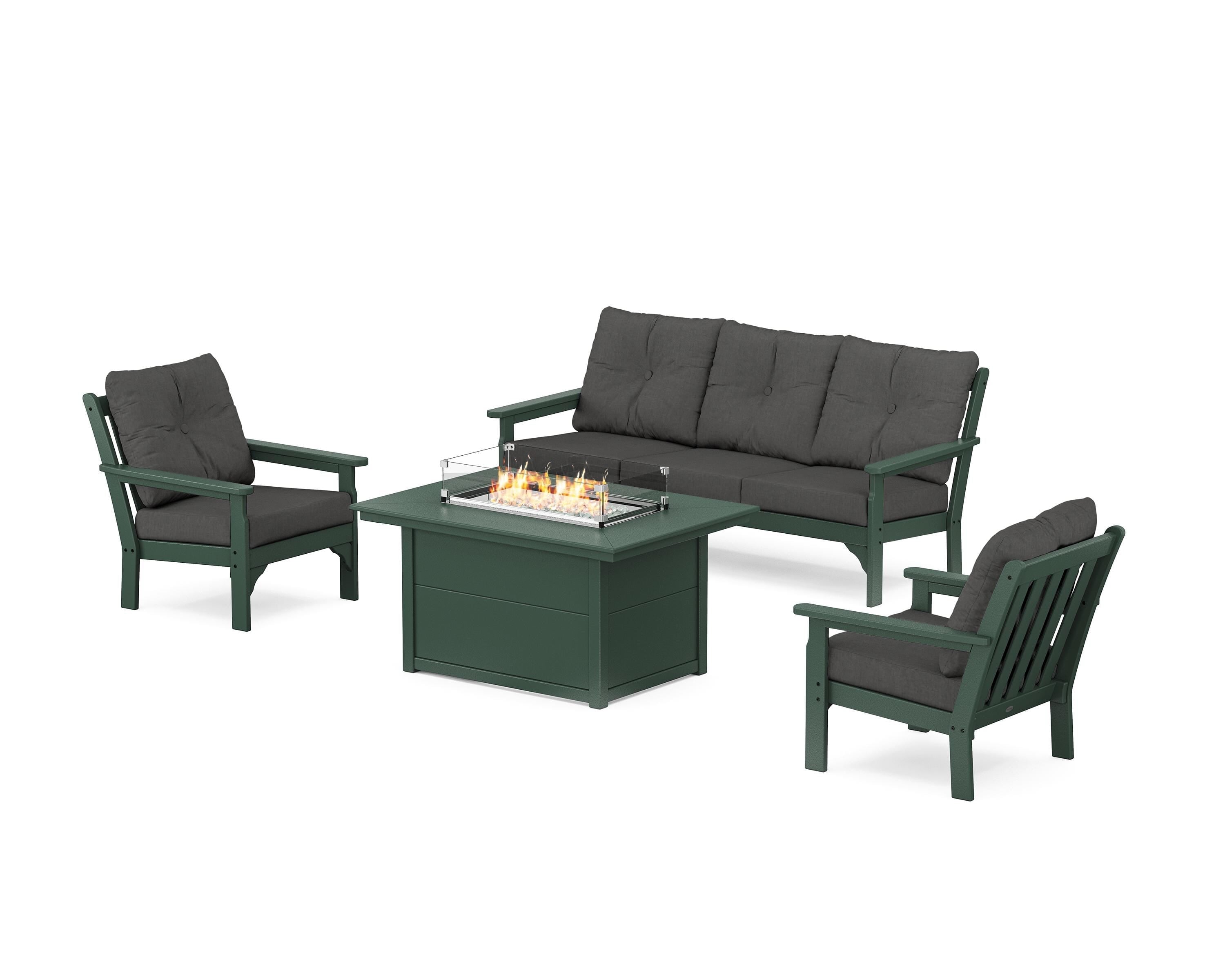 POLYWOOD Vineyard Deep Seating Fire Pit Table Set in Green / Spectrum Carbon