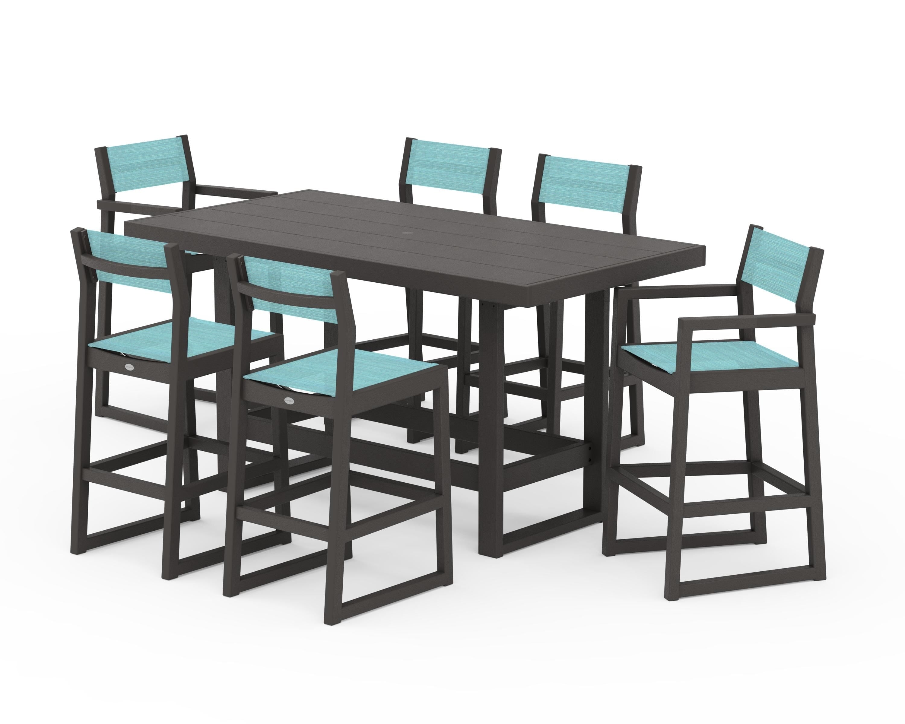 POLYWOOD EDGE Sling 7-Piece Bar Table Set in Vintage Coffee / Dupioni Aquamarine Sling