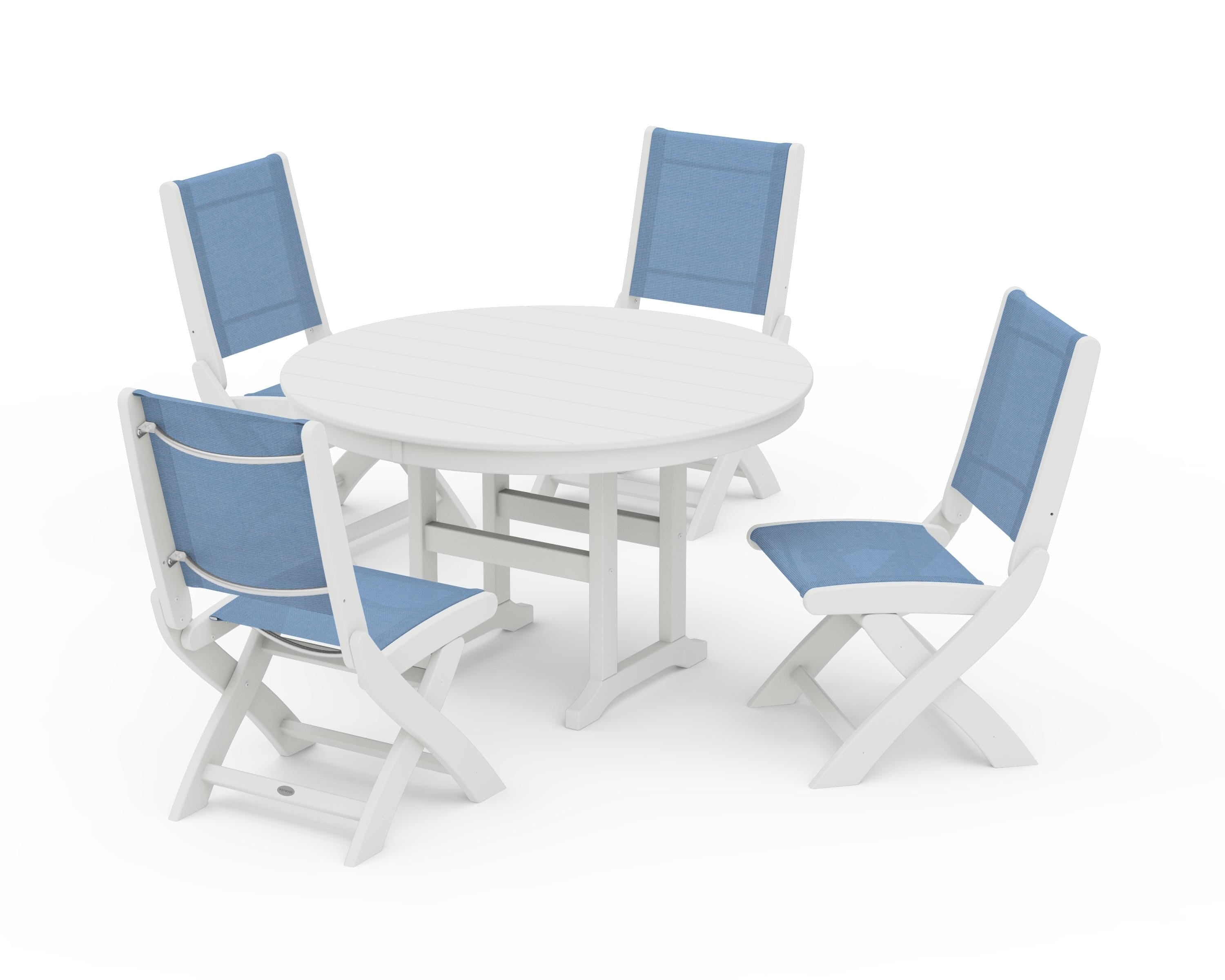 POLYWOOD Coastal Folding Side Chair 5-Piece Round Dining Set in Vintage White / Poolside Sling
