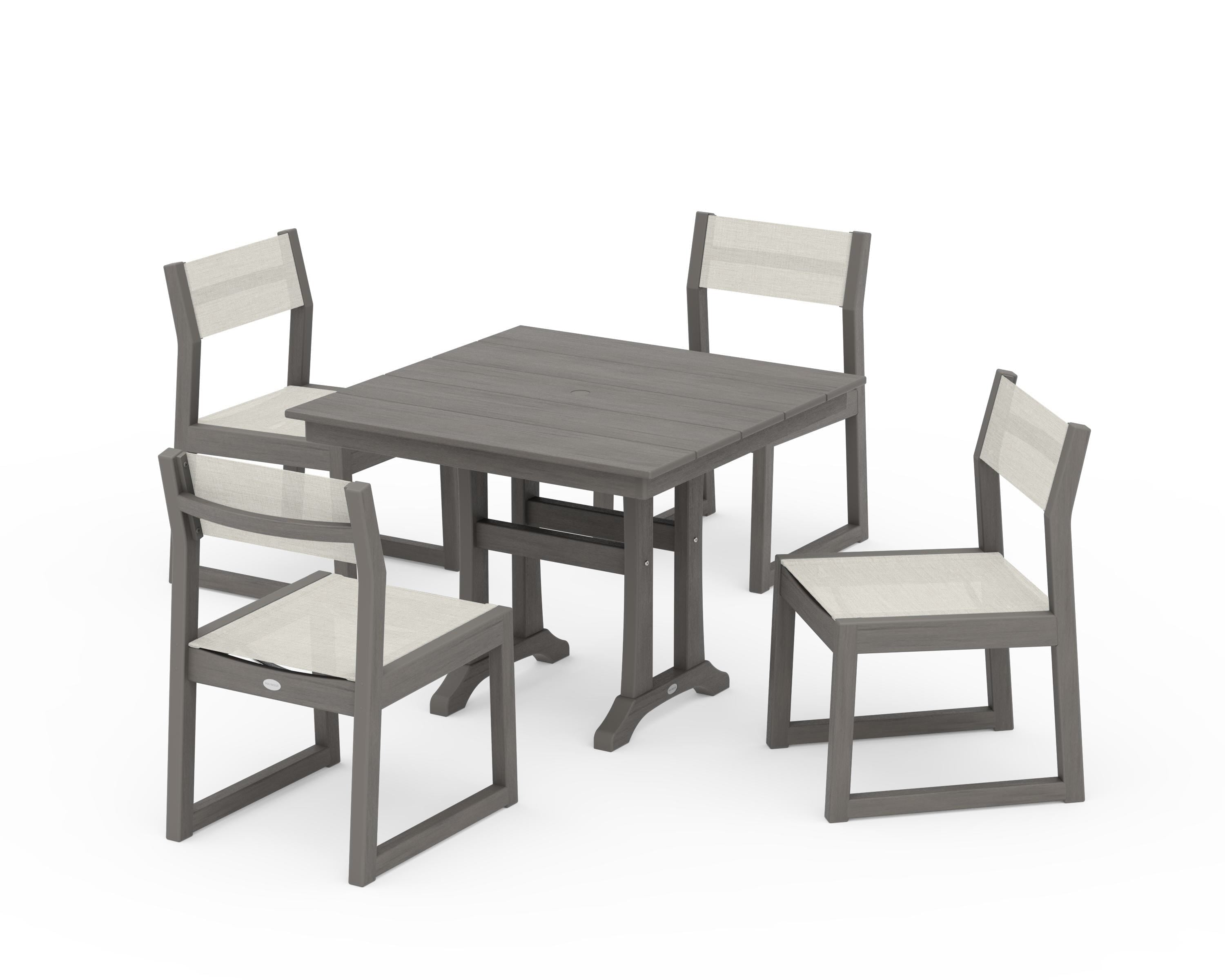 POLYWOOD EDGE Sling 5-Piece Farmhouse Trestle Side Chair Dining Set in Driftwood / Parchment Sling