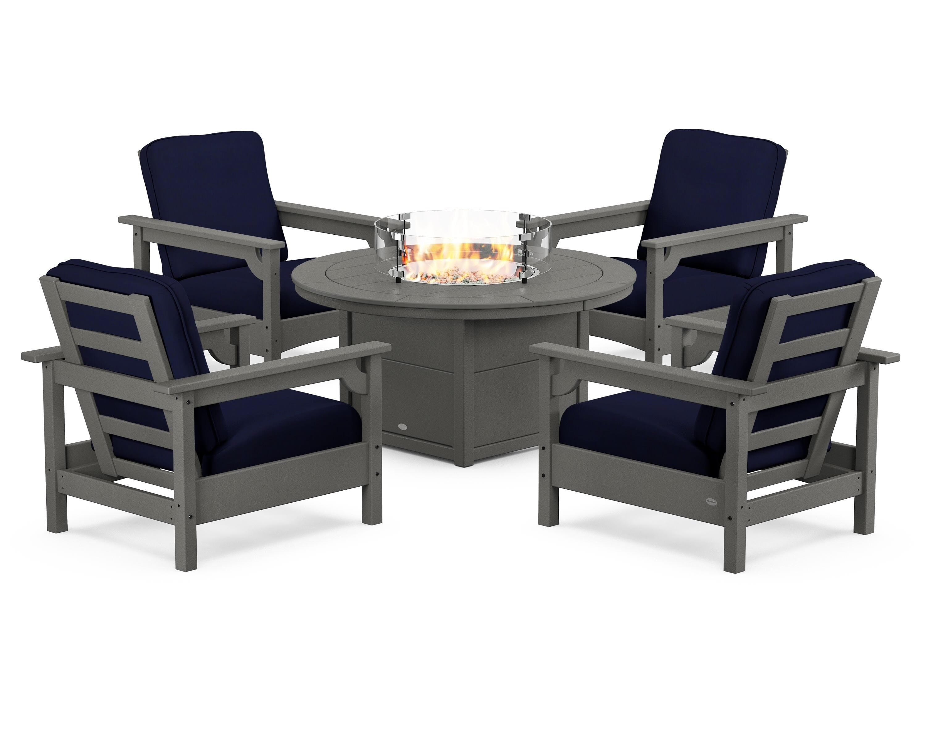 POLYWOOD Club 5-Piece Conversation Set with Fire Pit Table in Slate Grey / Navy