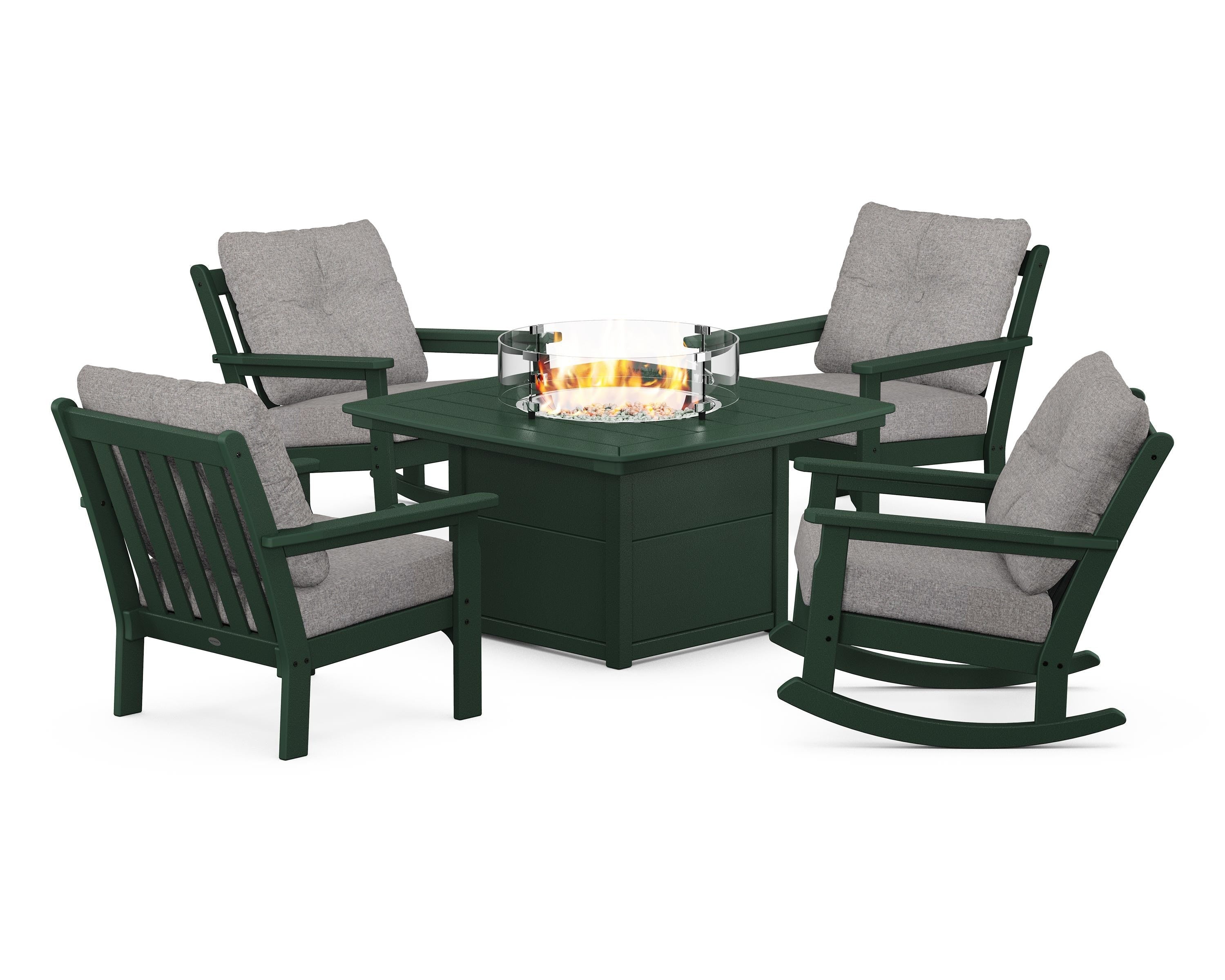 POLYWOOD Vineyard 5-Piece Deep Seating Rocking Chair Conversation Set with Fire Pit Table in Green / Grey Mist