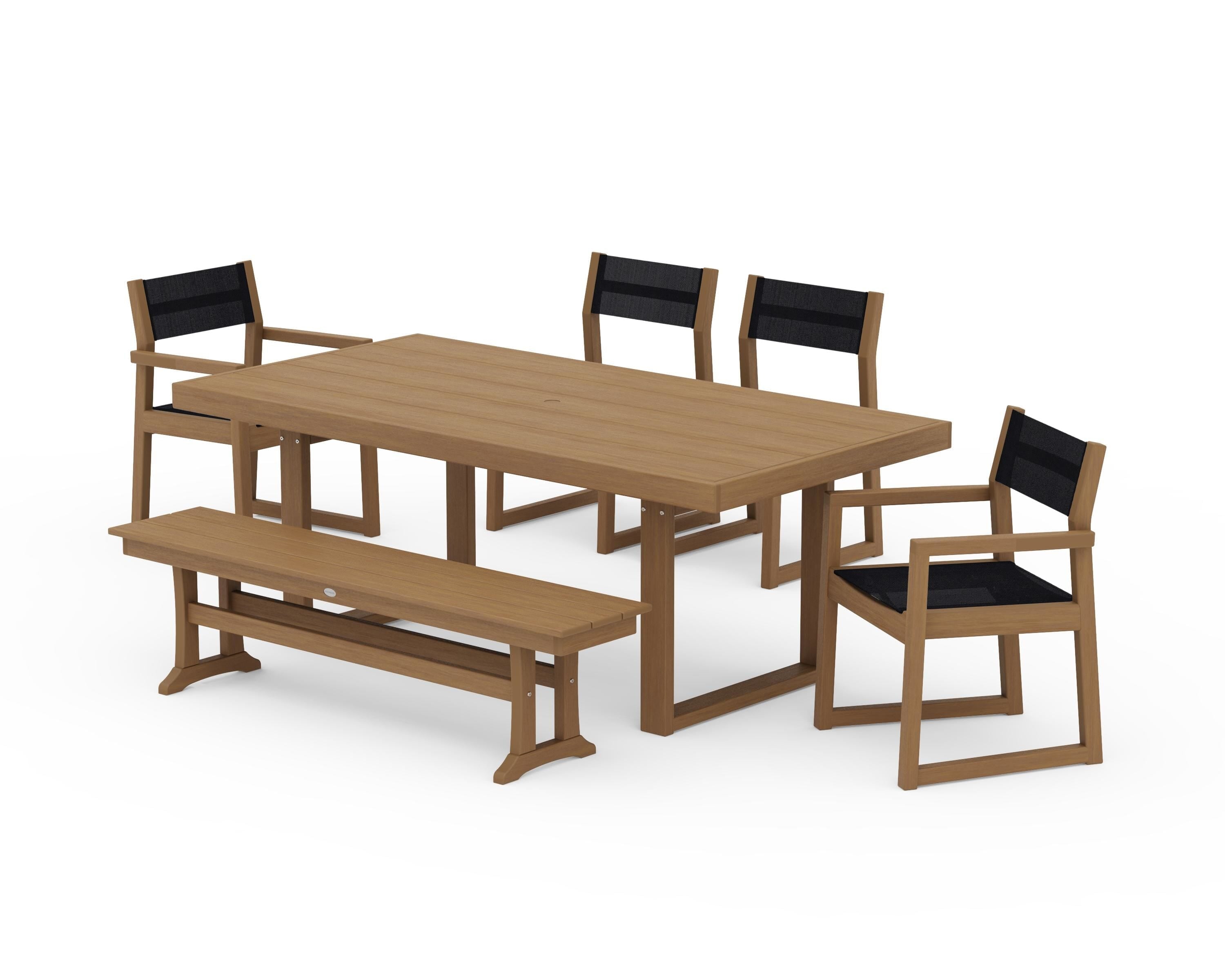 POLYWOOD EDGE Sling 6-Piece Dining Set with Bench in Natural / Black Sling