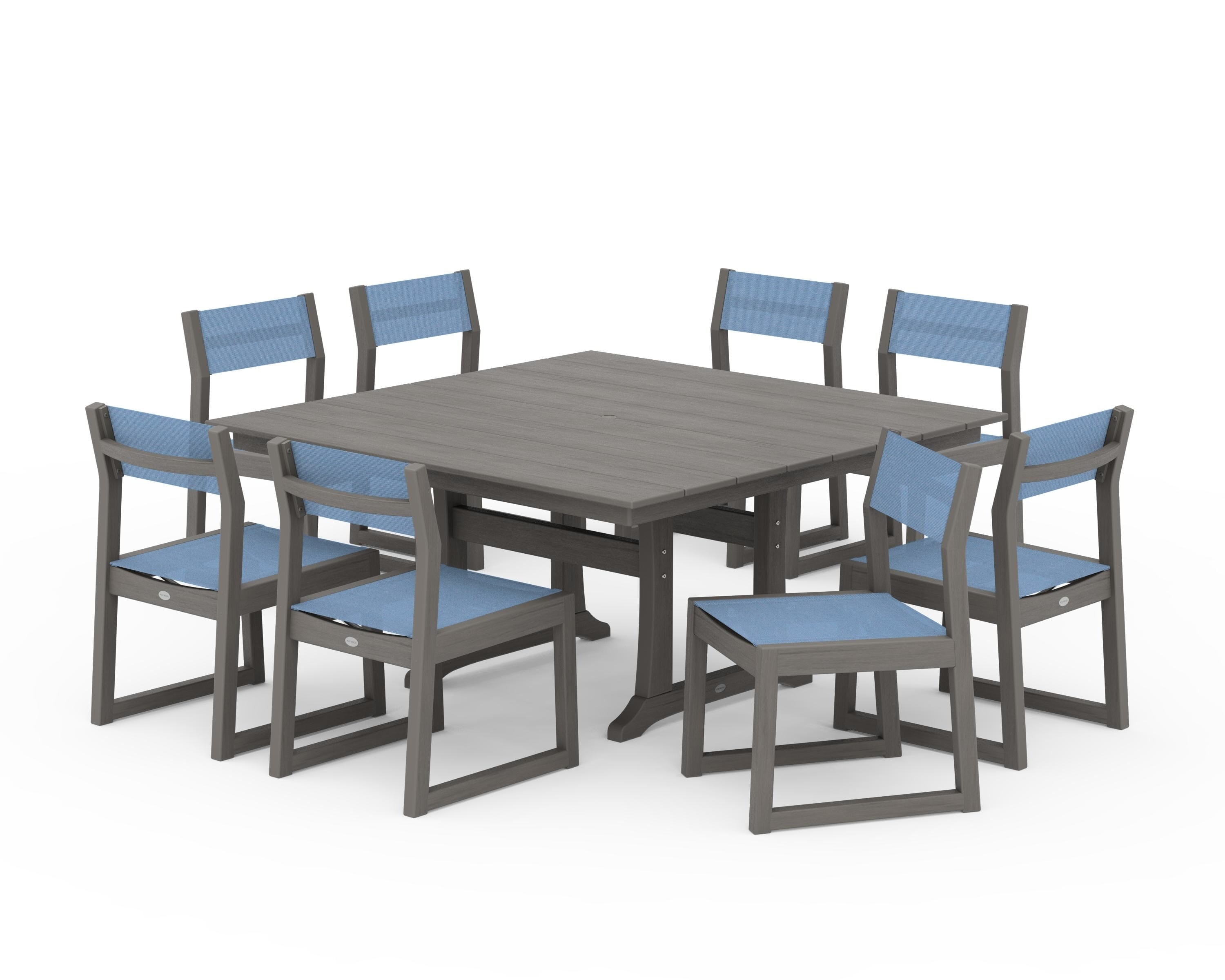 POLYWOOD EDGE Sling Side Chair 9-Piece Farmhouse Trestle Dining Set in Driftwood / Poolside Sling