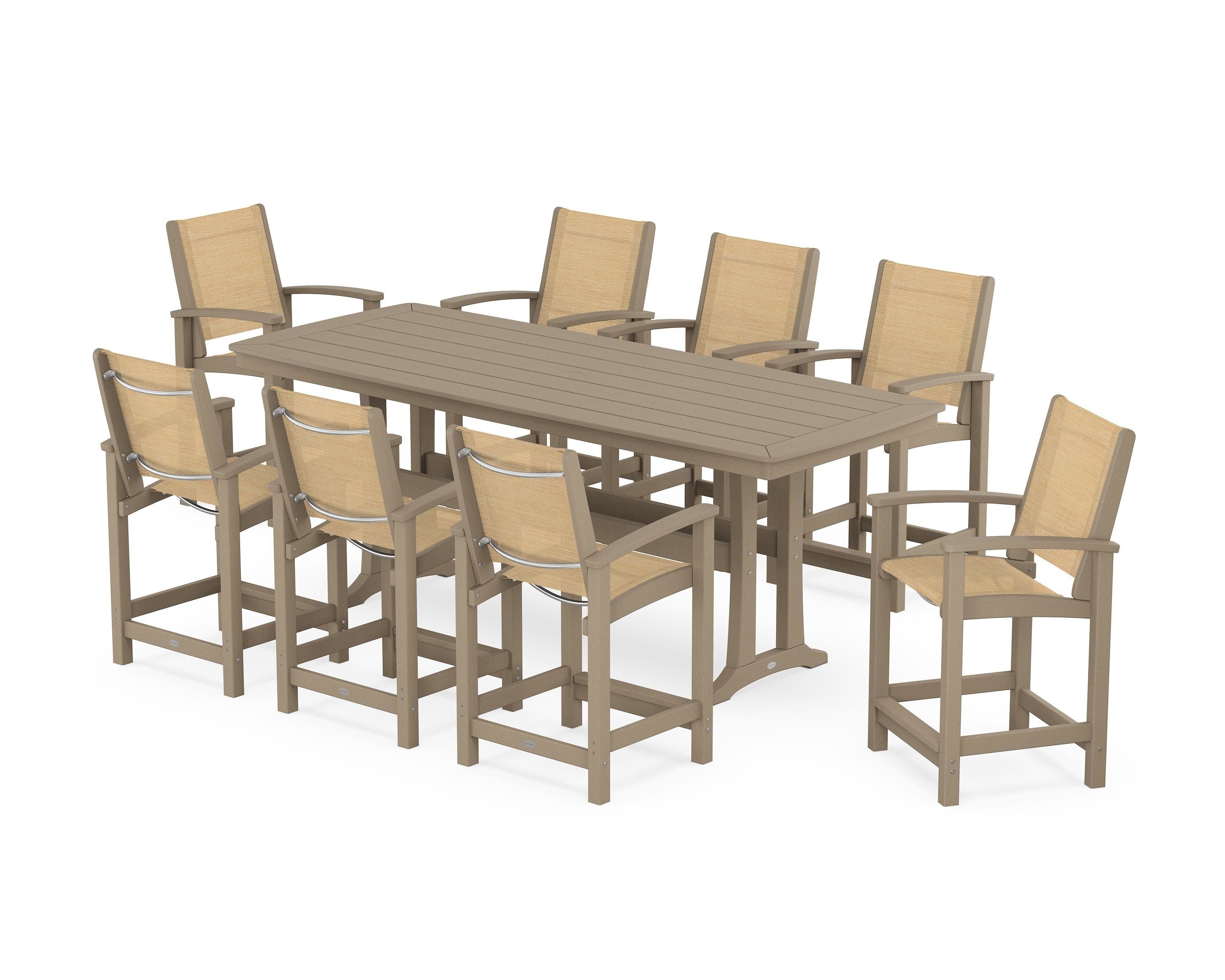 POLYWOOD Coastal 9-Piece Counter Set with Trestle Legs in Vintage Sahara / Dupioni Apricot Sling