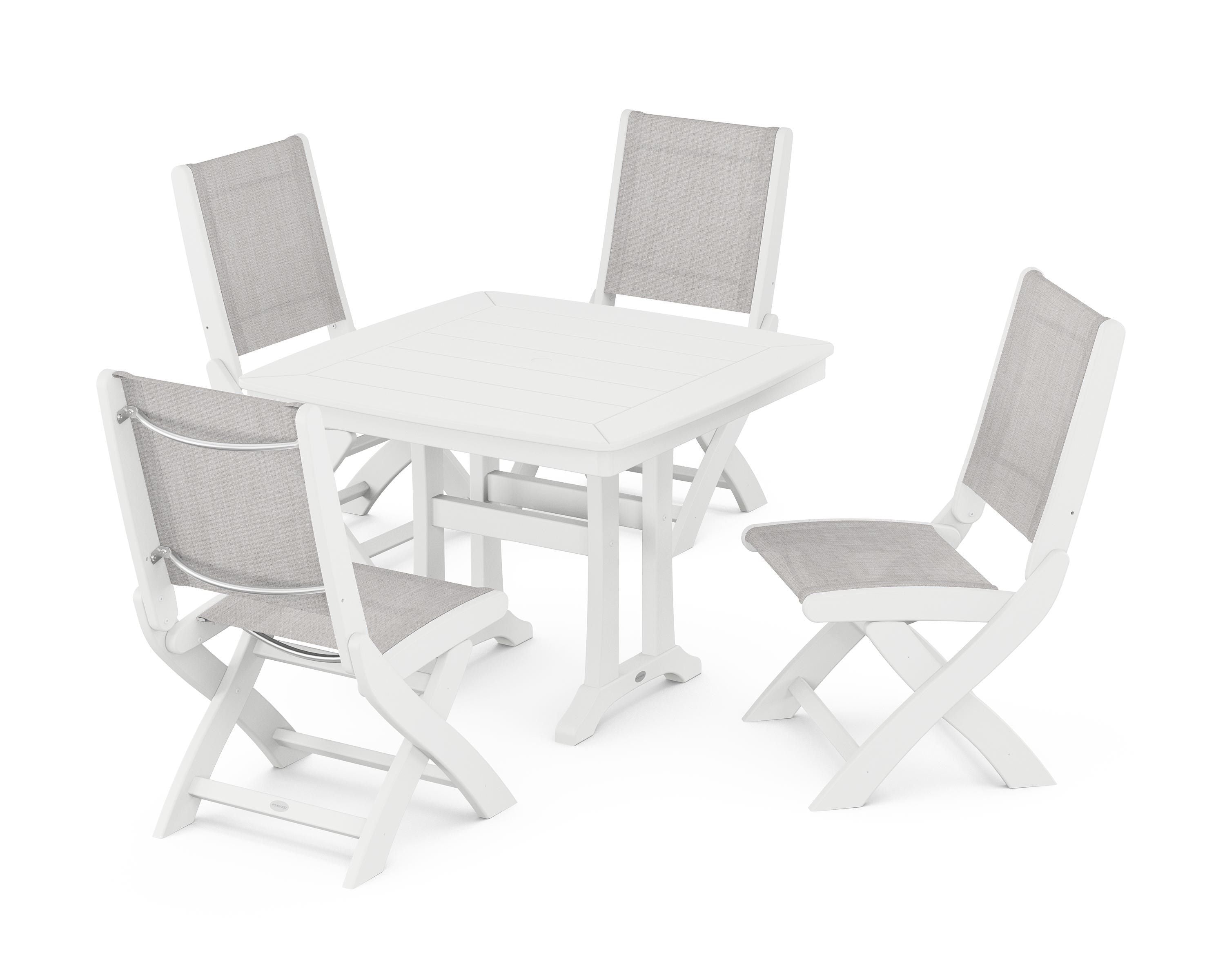 POLYWOOD Coastal Folding Side Chair 5-Piece Dining Set with Trestle Legs in White / Parchment Sling