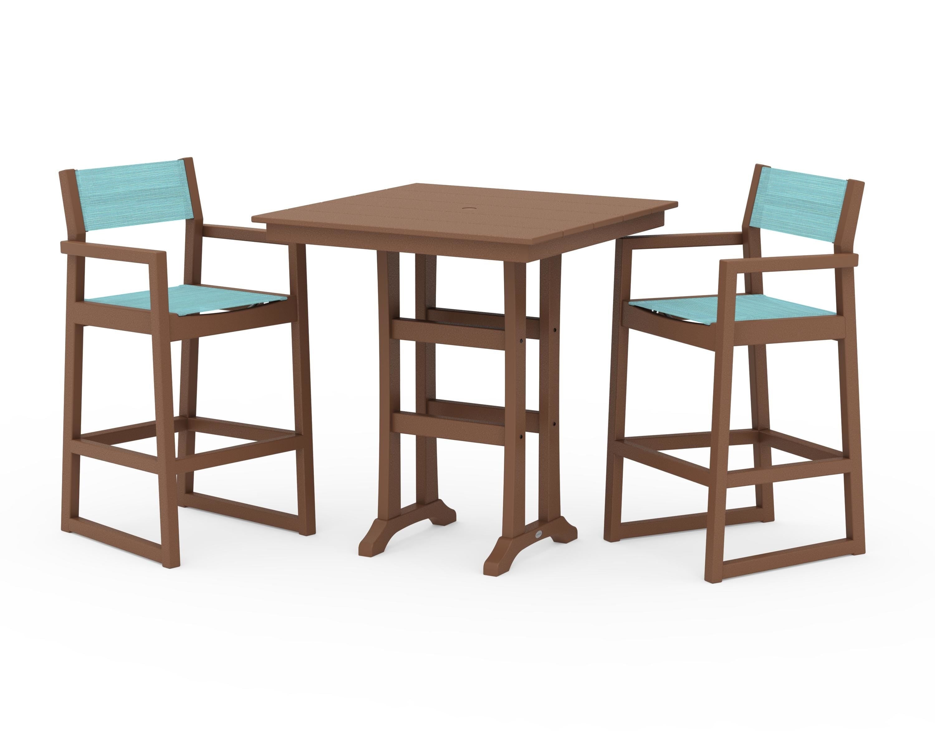 POLYWOOD EDGE Sling Arm Chair 3-Piece Farmhouse Bar Set with Trestle Legs in Teak / Dupioni Aquamarine Sling