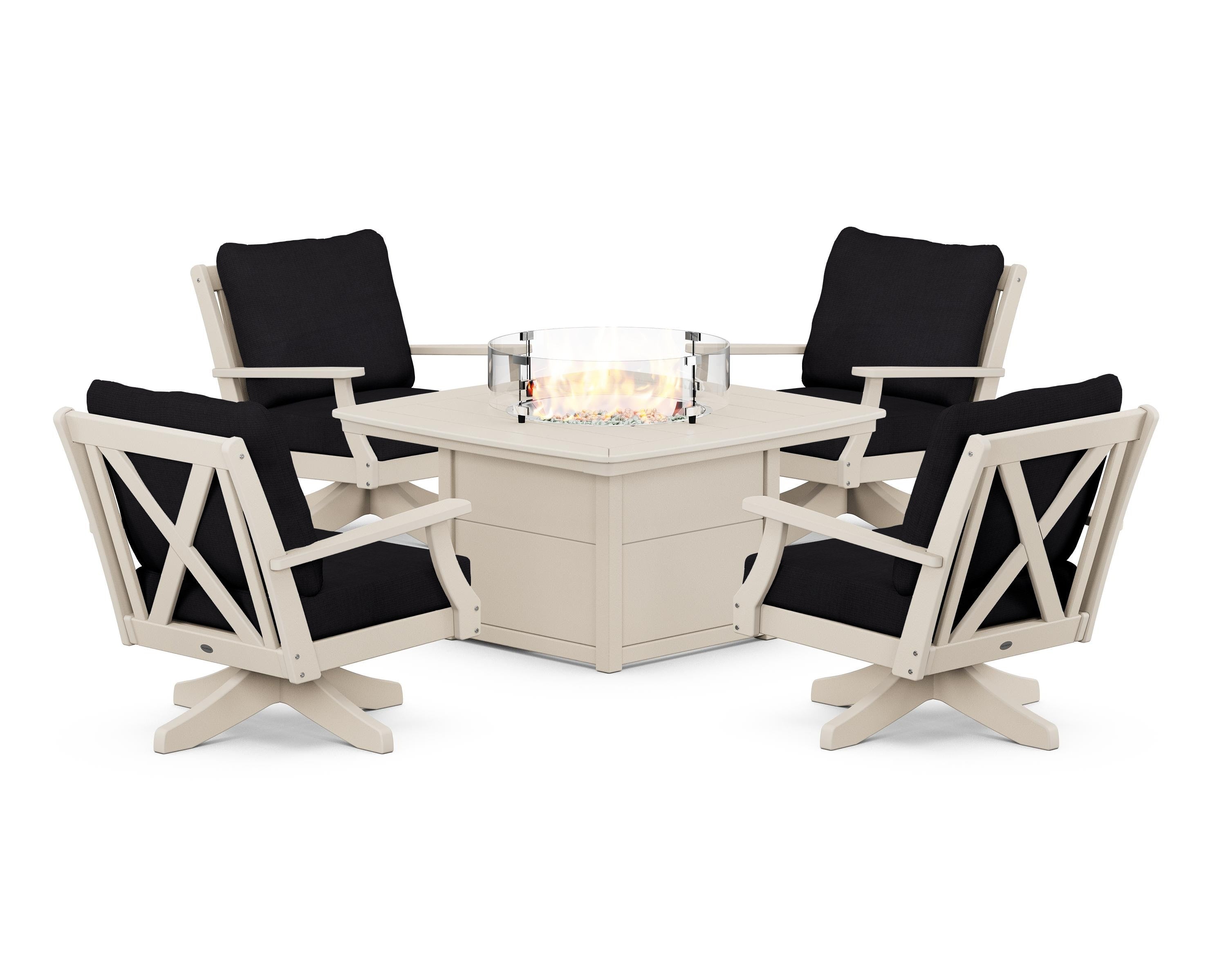 POLYWOOD Braxton 5-Piece Deep Seating Swivel Conversation Set with Fire Pit Table in Sand / Midnight Linen