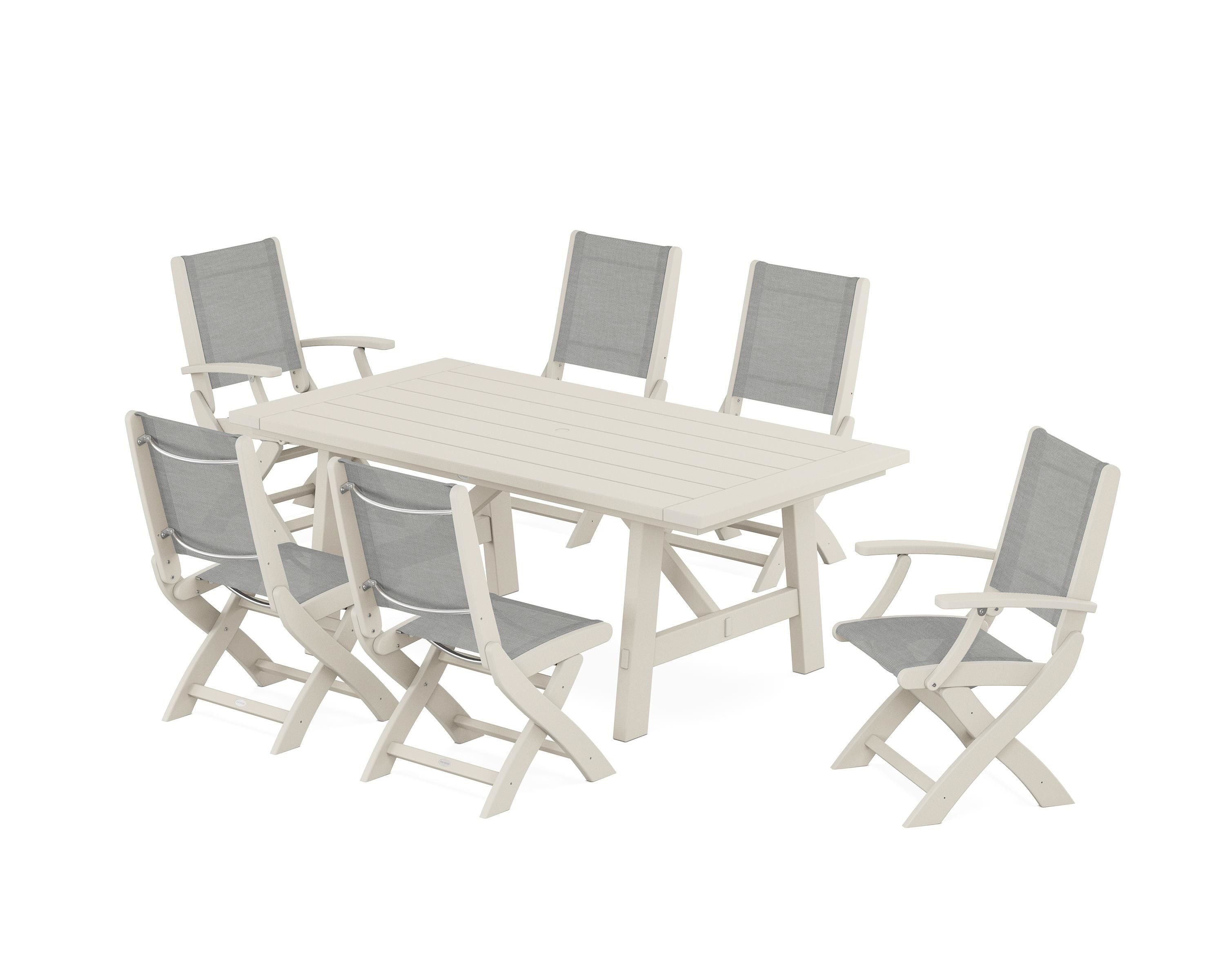 POLYWOOD Coastal Folding Chair 7-Piece Rustic Farmhouse Dining Set in Sand / Metallic Sling