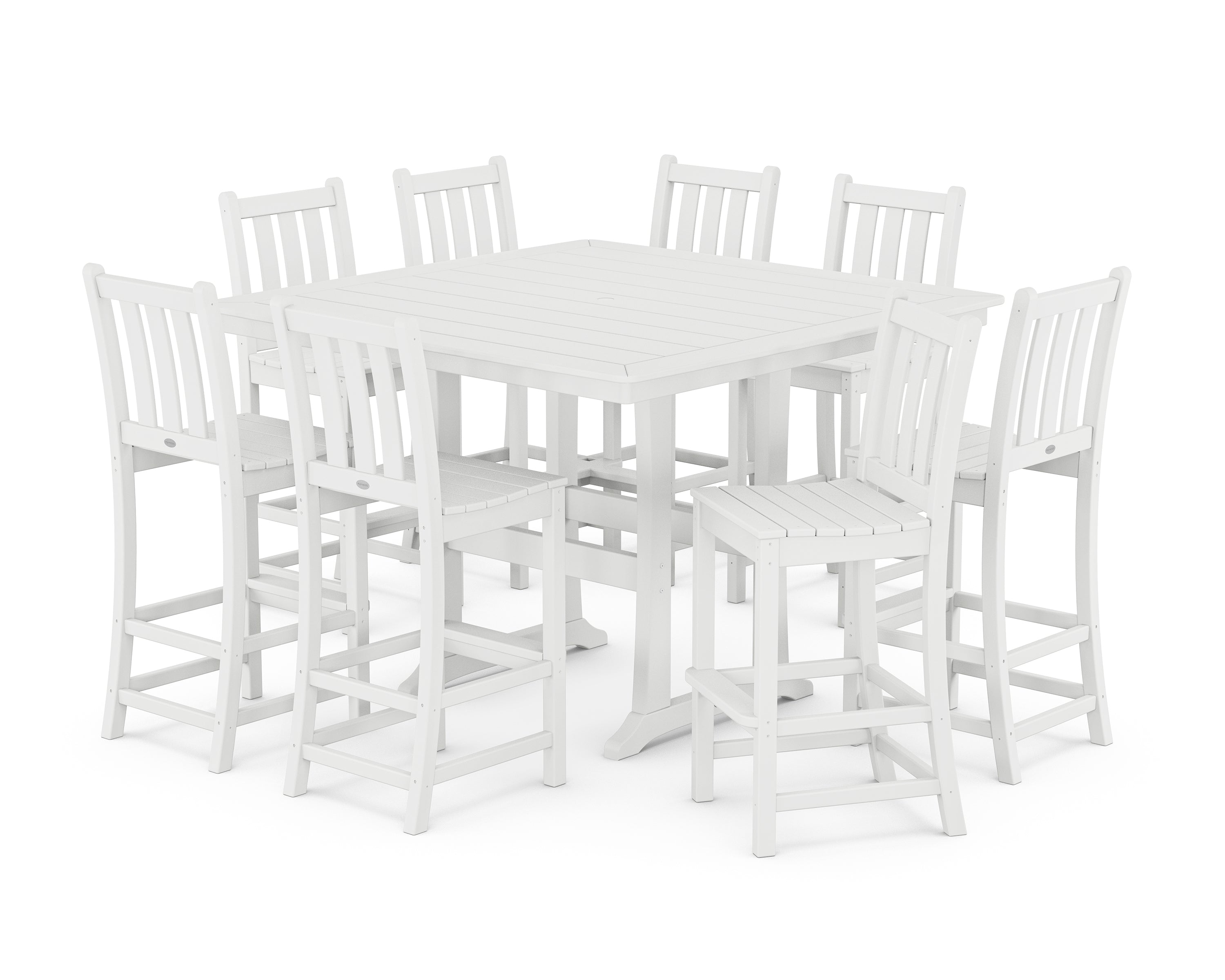 POLYWOOD Traditional Garden 9-Piece Nautical Trestle Bar Set in White