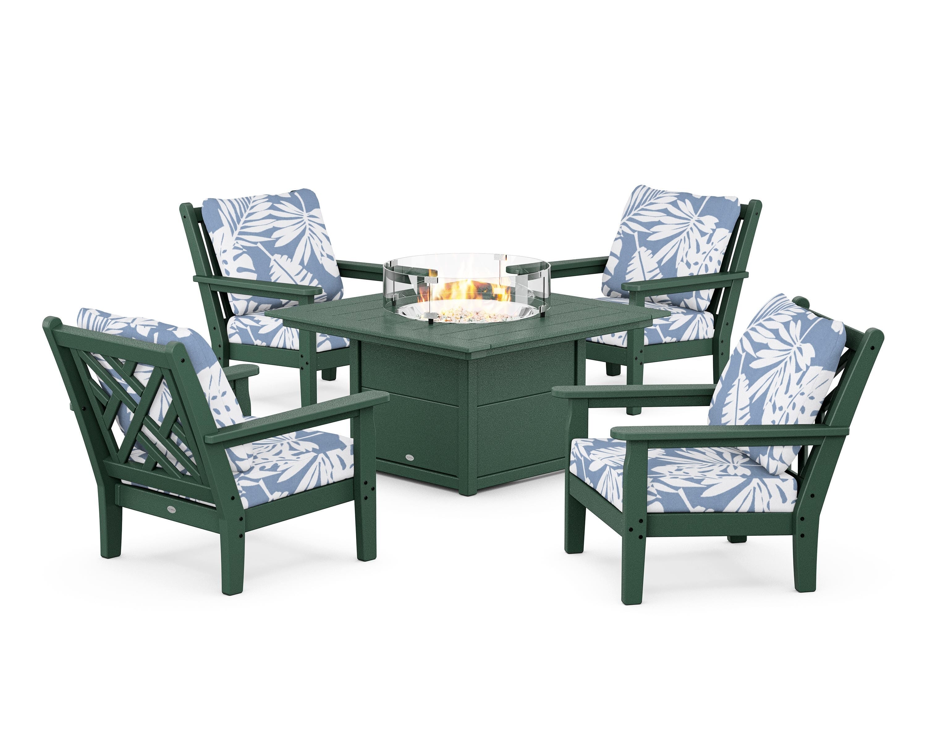 POLYWOOD Chippendale 5-Piece Deep Seating Set with Fire Pit Table in Green / Leaf Sky Blue
