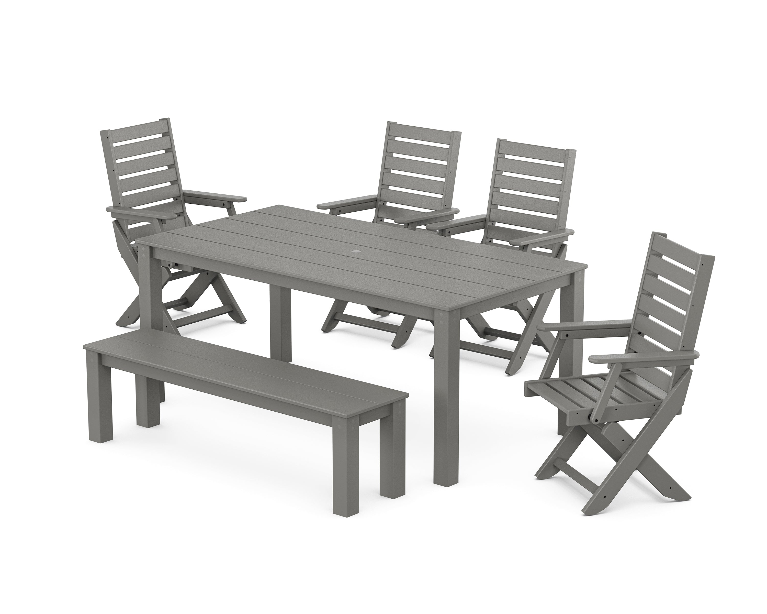 POLYWOOD Captain Folding Chair 6-Piece Parsons Dining Set with Bench in Slate Grey