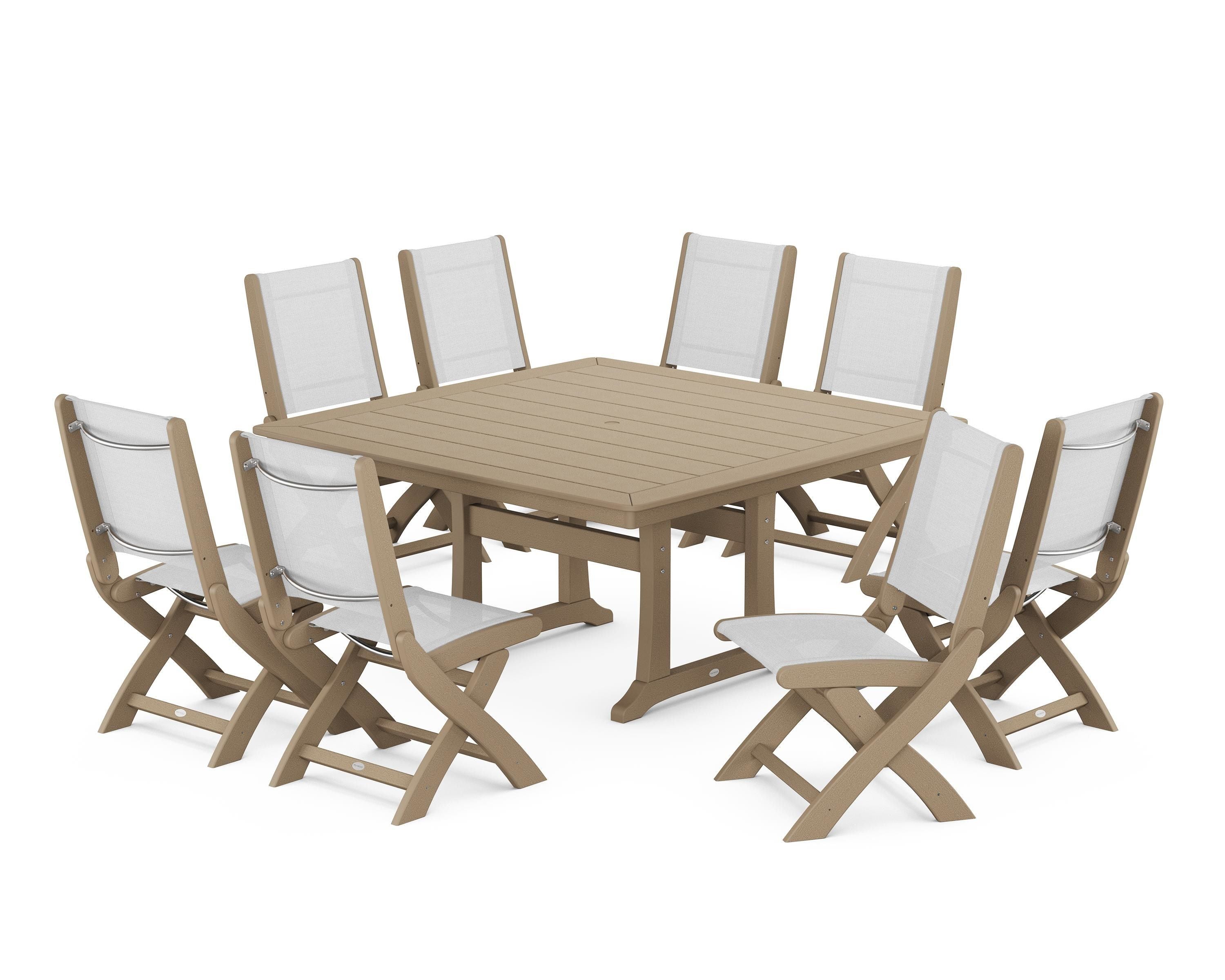 POLYWOOD Coastal Folding Side Chair 9-Piece Dining Set with Trestle Legs in Vintage Sahara / White Sling