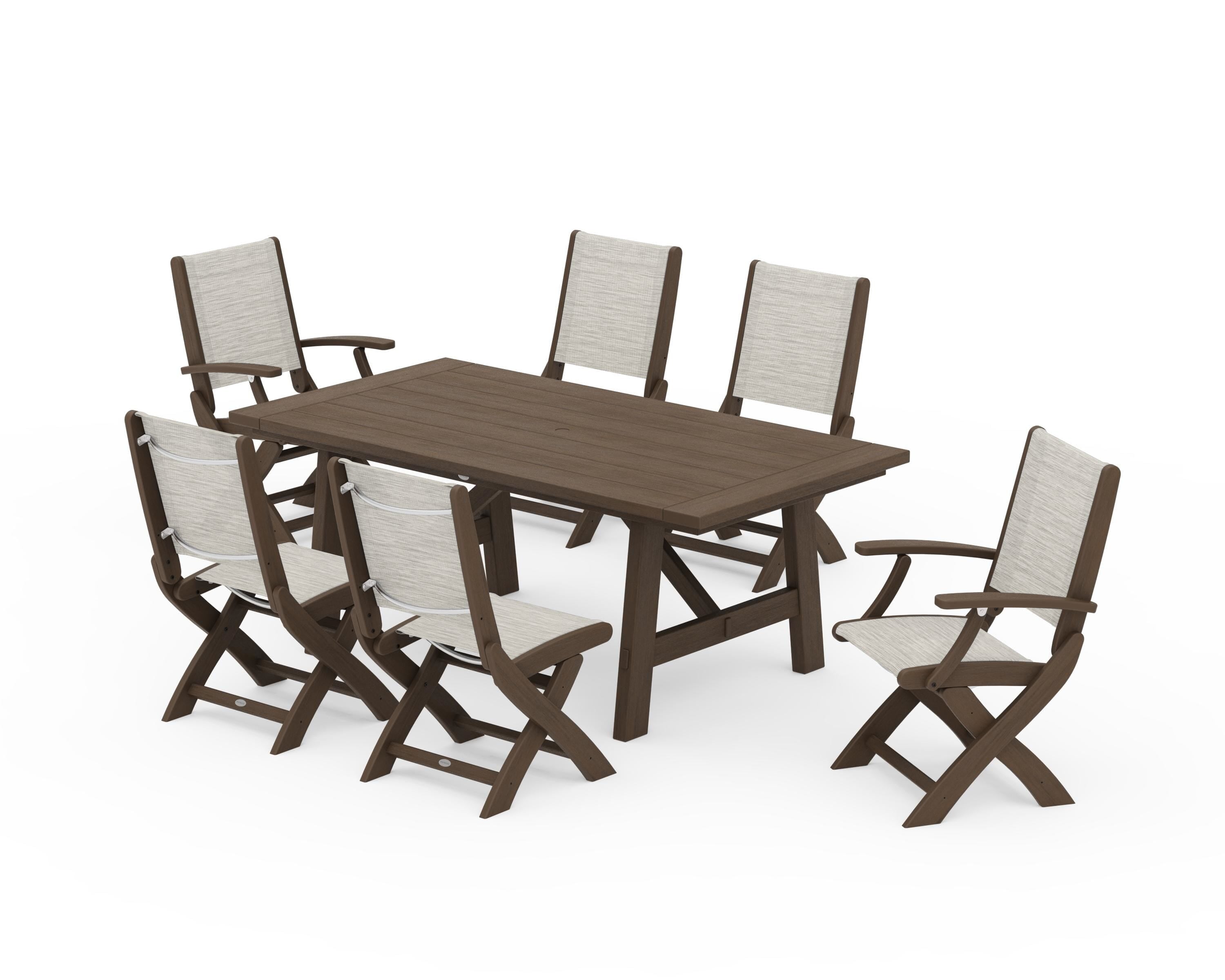 POLYWOOD Coastal Folding Chair 7-Piece Rustic Farmhouse Dining Set in Kona / Birch Sling