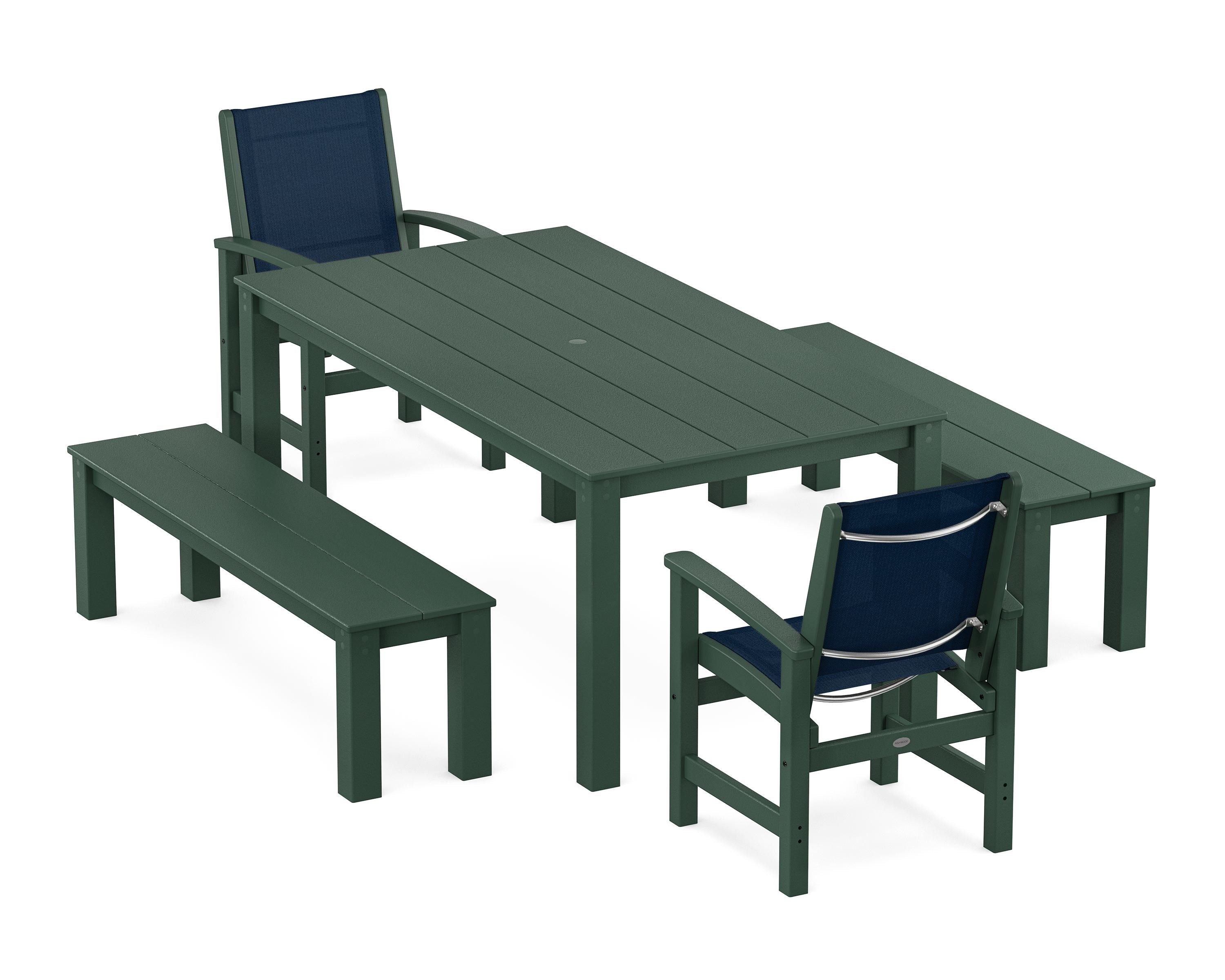 POLYWOOD Coastal 5-Piece Parsons Dining Set with Benches in Green / Navy Blue Sling