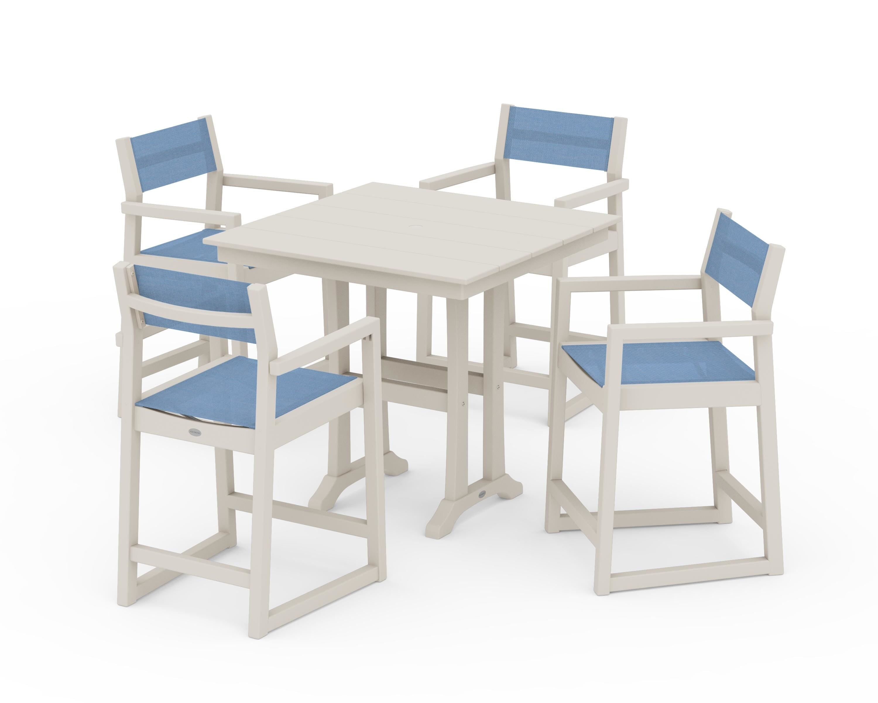 POLYWOOD EDGE Sling Arm Chair 5-Piece Farmhouse Counter Set with Trestle Legs in Sand / Poolside Sling