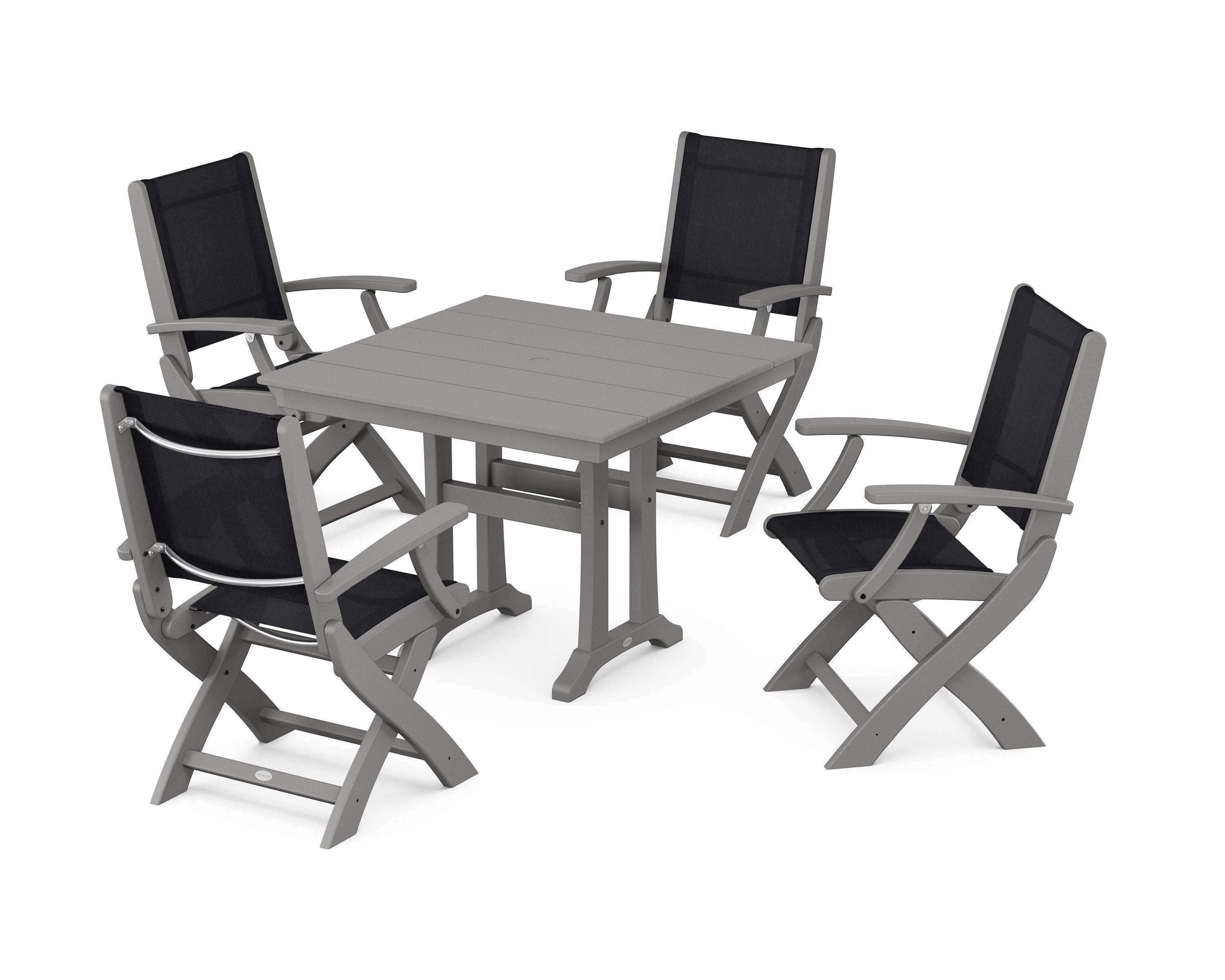 POLYWOOD Coastal Folding Chair 5-Piece Farmhouse Dining Set With Trestle Legs in Slate Grey / Black Sling