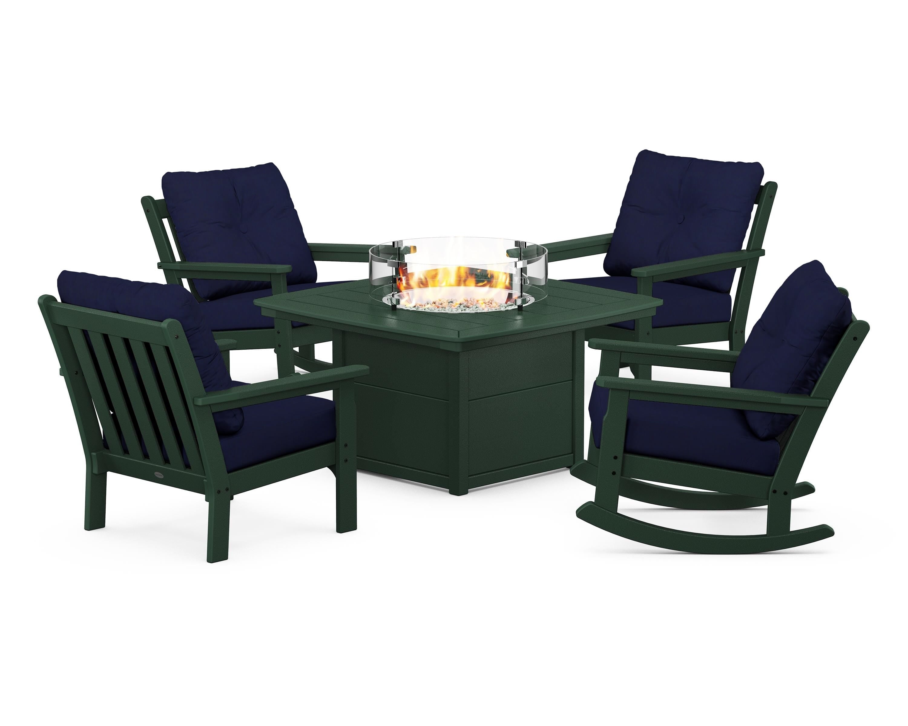 POLYWOOD Vineyard 5-Piece Deep Seating Rocking Chair Conversation Set with Fire Pit Table in Green / Navy
