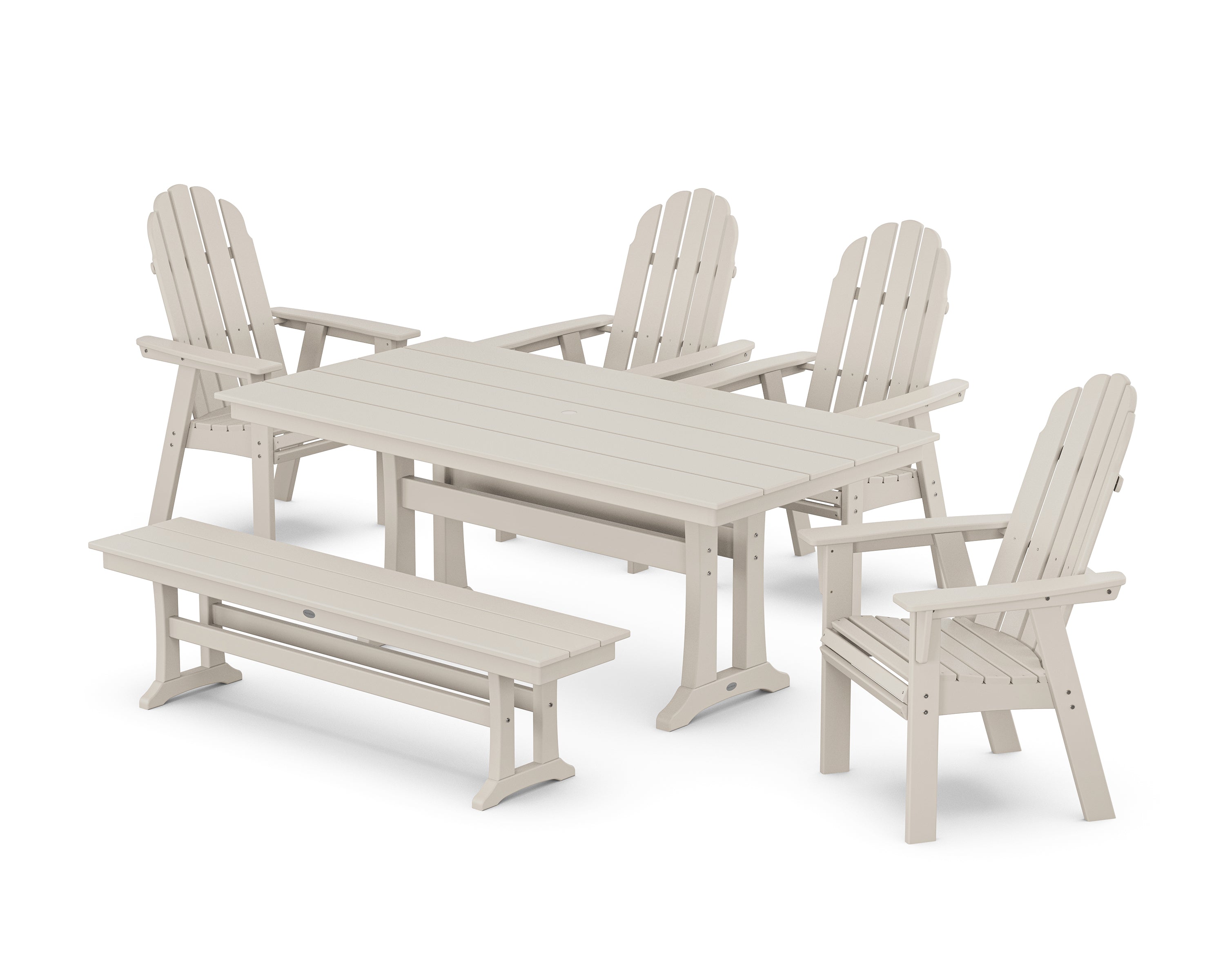 POLYWOOD Vineyard Curveback Adirondack Chair 6-Piece Farmhouse Dining Set with Trestle Legs and Bench in Sand