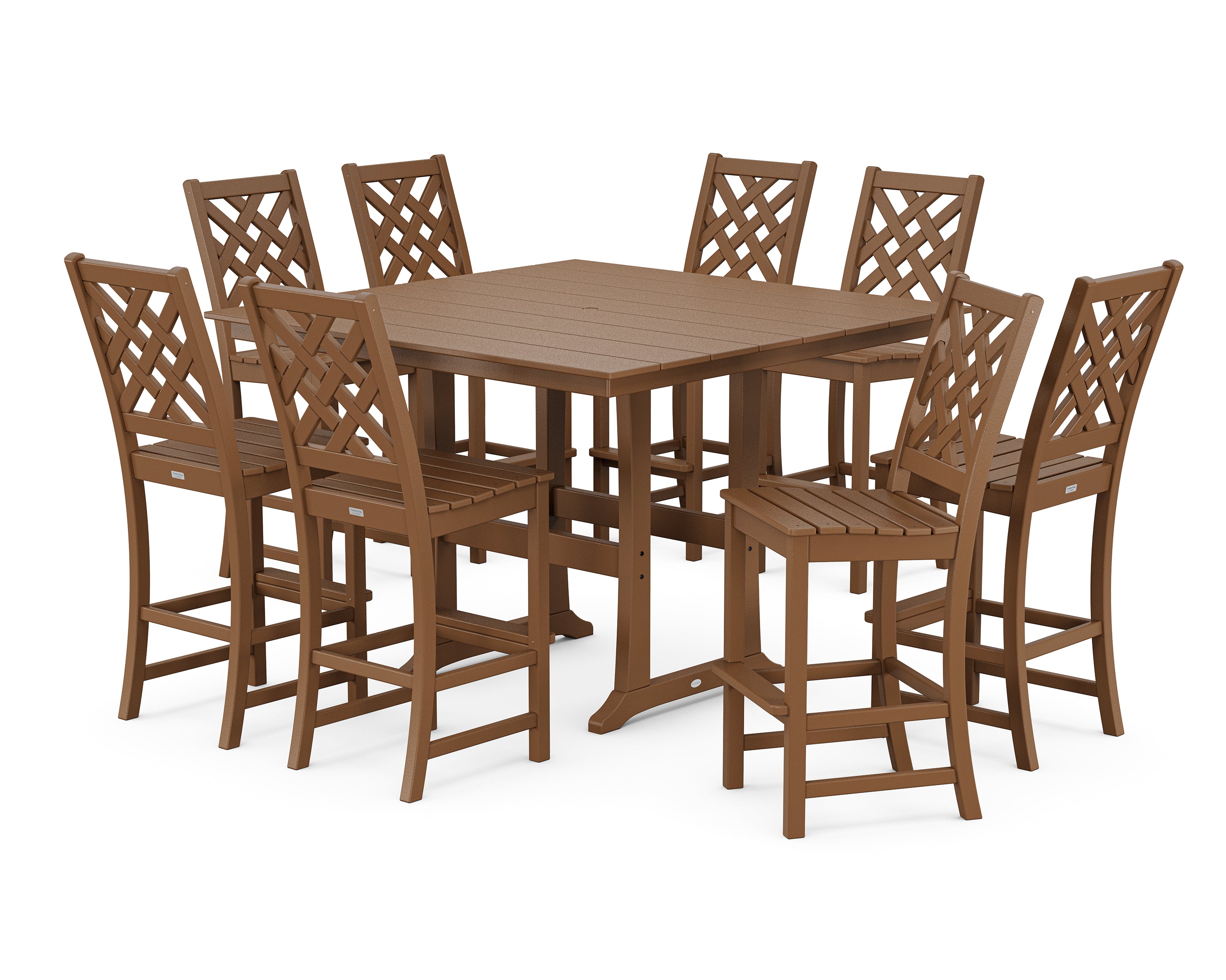 Country Living Wovendale Side Chair 9-Piece Square Farmhouse Bar Set with Trestle Legs in Teak