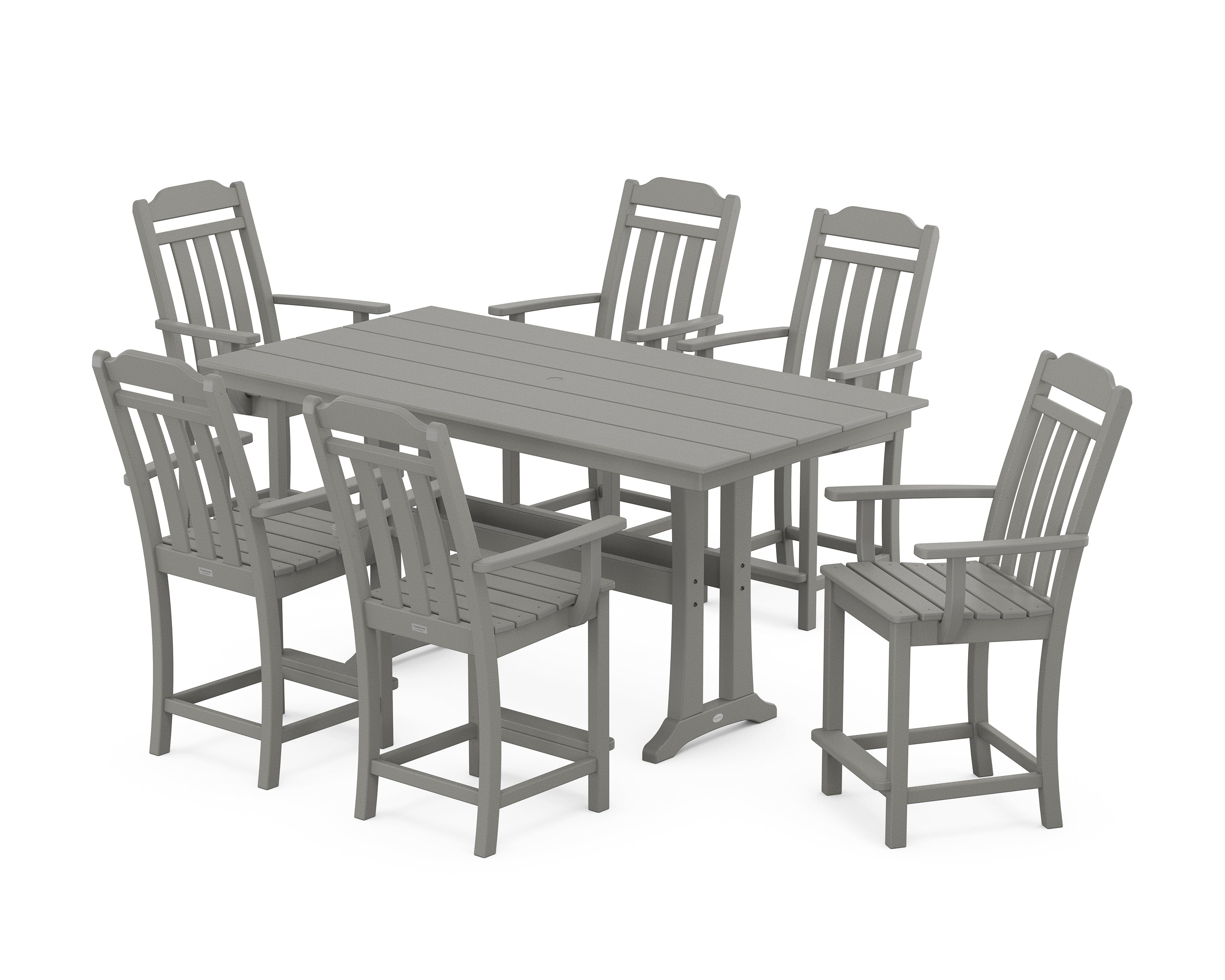 POLYWOOD Country Living Arm Chair 7-Piece Farmhouse Counter Set with Trestle Legs in Slate Grey