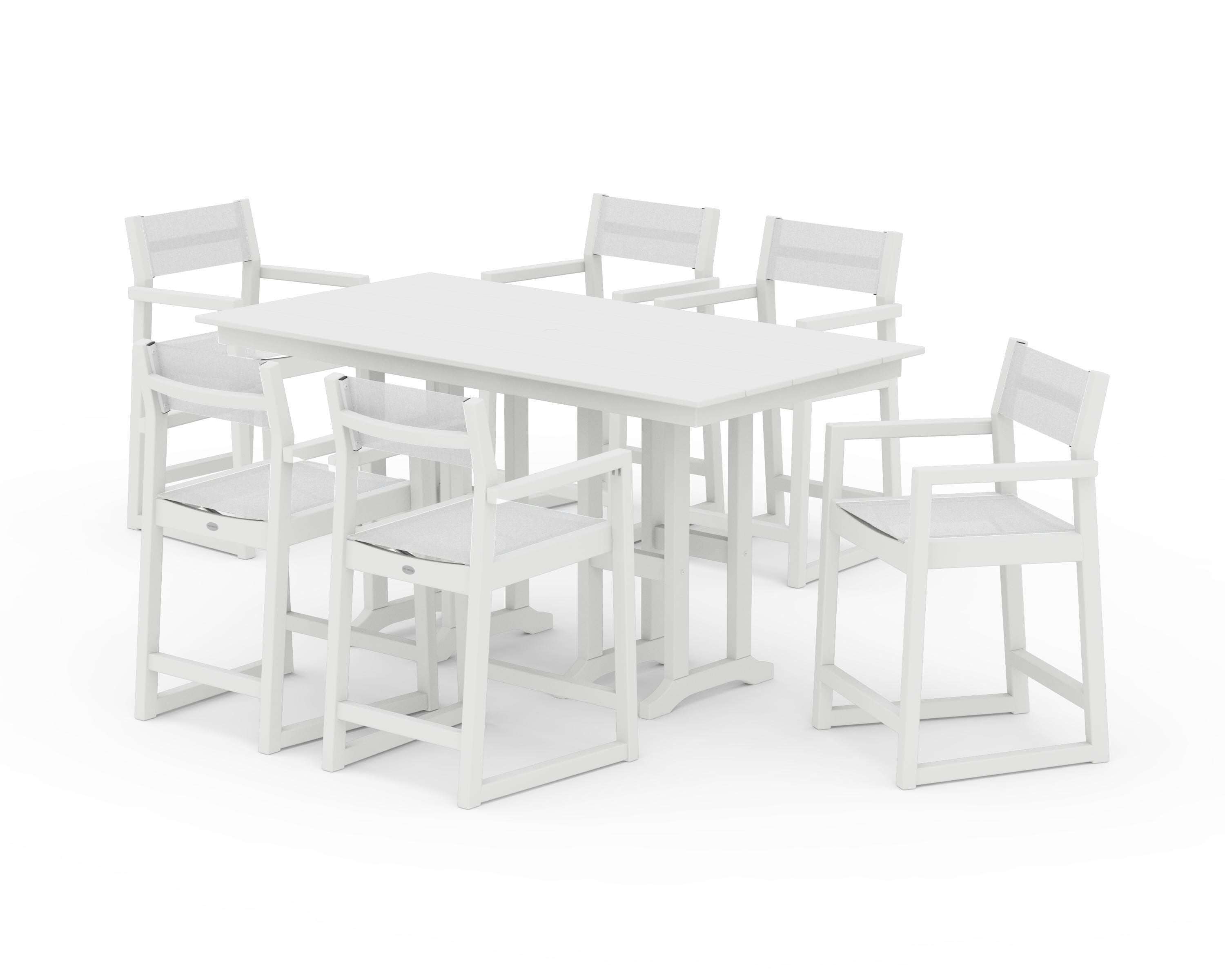 POLYWOOD EDGE Sling Arm Chair 7-Piece Farmhouse Counter Set in White / White Sling