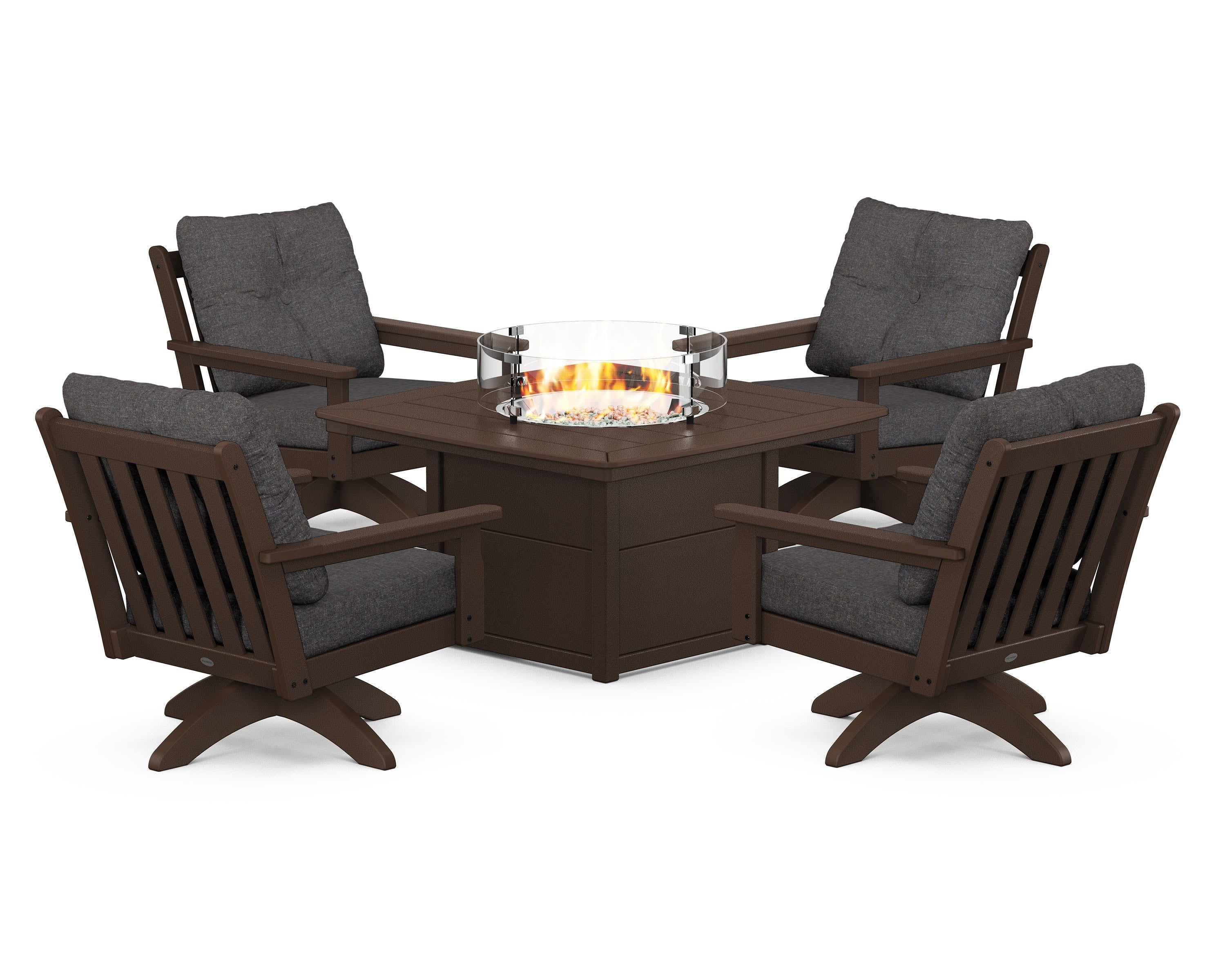 POLYWOOD Vineyard 5-Piece Deep Seating Swivel Conversation Set with Fire Pit Table in Mahogany / Ash Charcoal