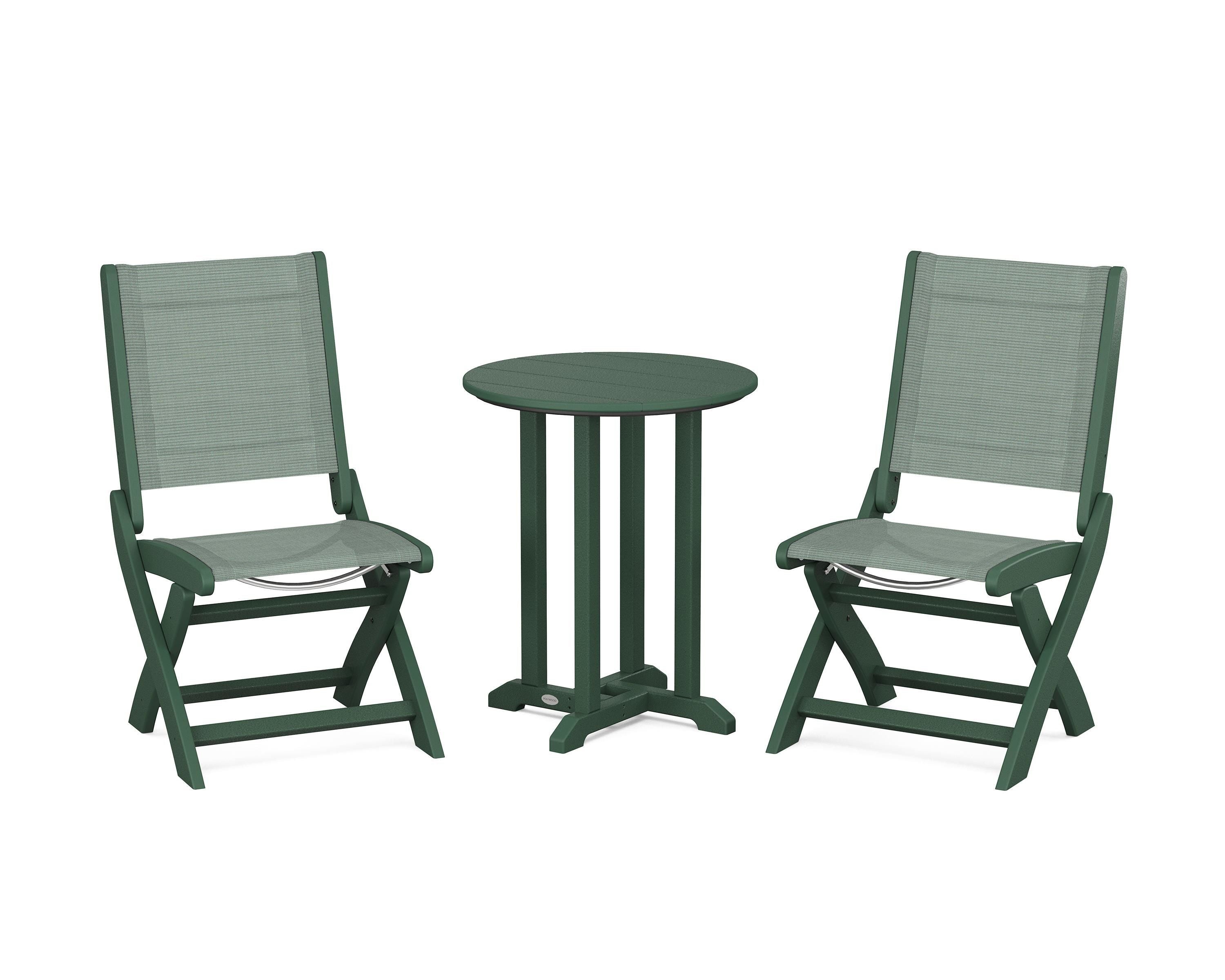 POLYWOOD Coastal Folding Side Chair 3-Piece Round Bistro Dining Set in Green / Dupioni Sea Mist Sling