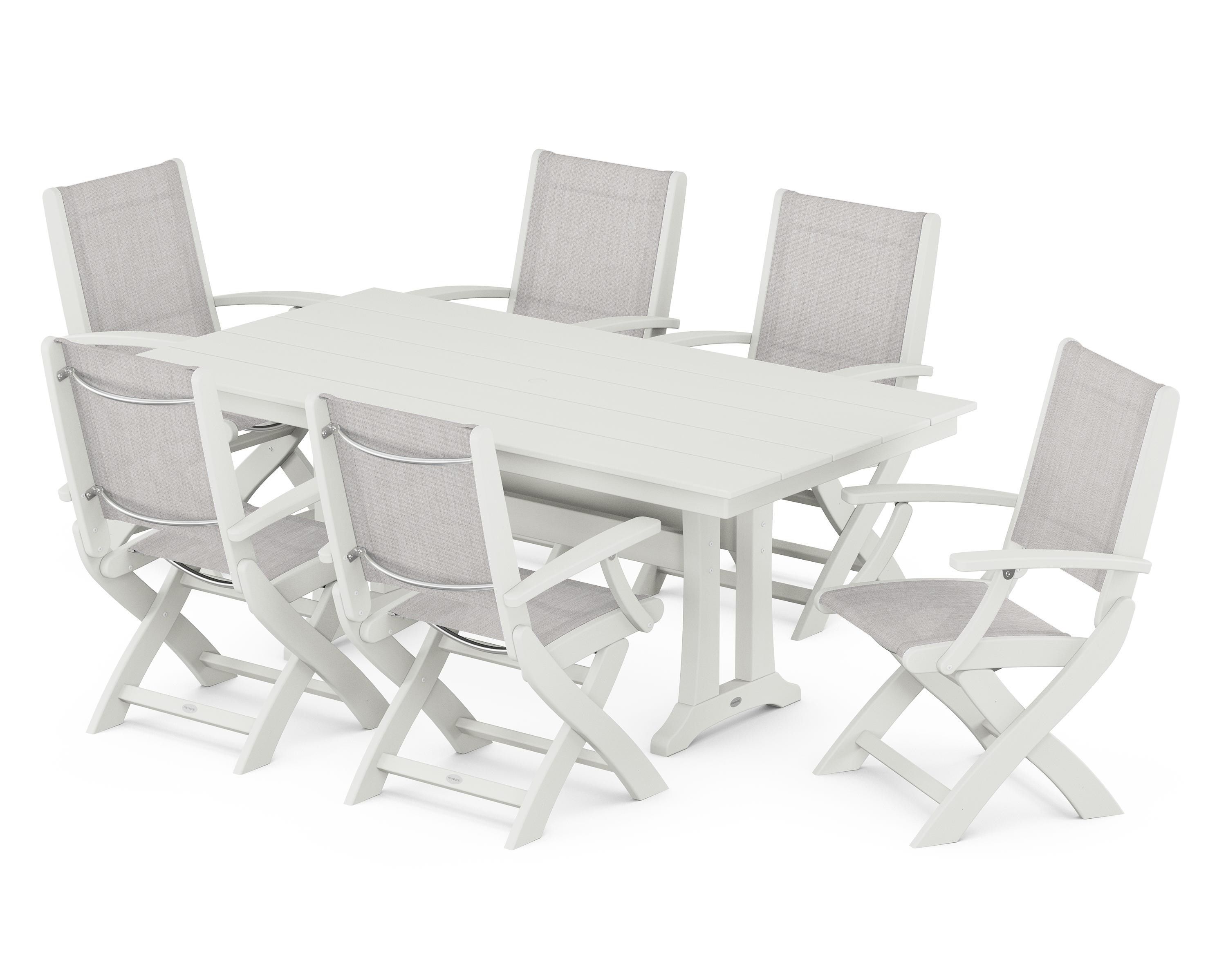 POLYWOOD Coastal Folding Arm Chair 7-Piece Farmhouse Dining Set with Trestle Legs in Vintage White / Parchment Sling