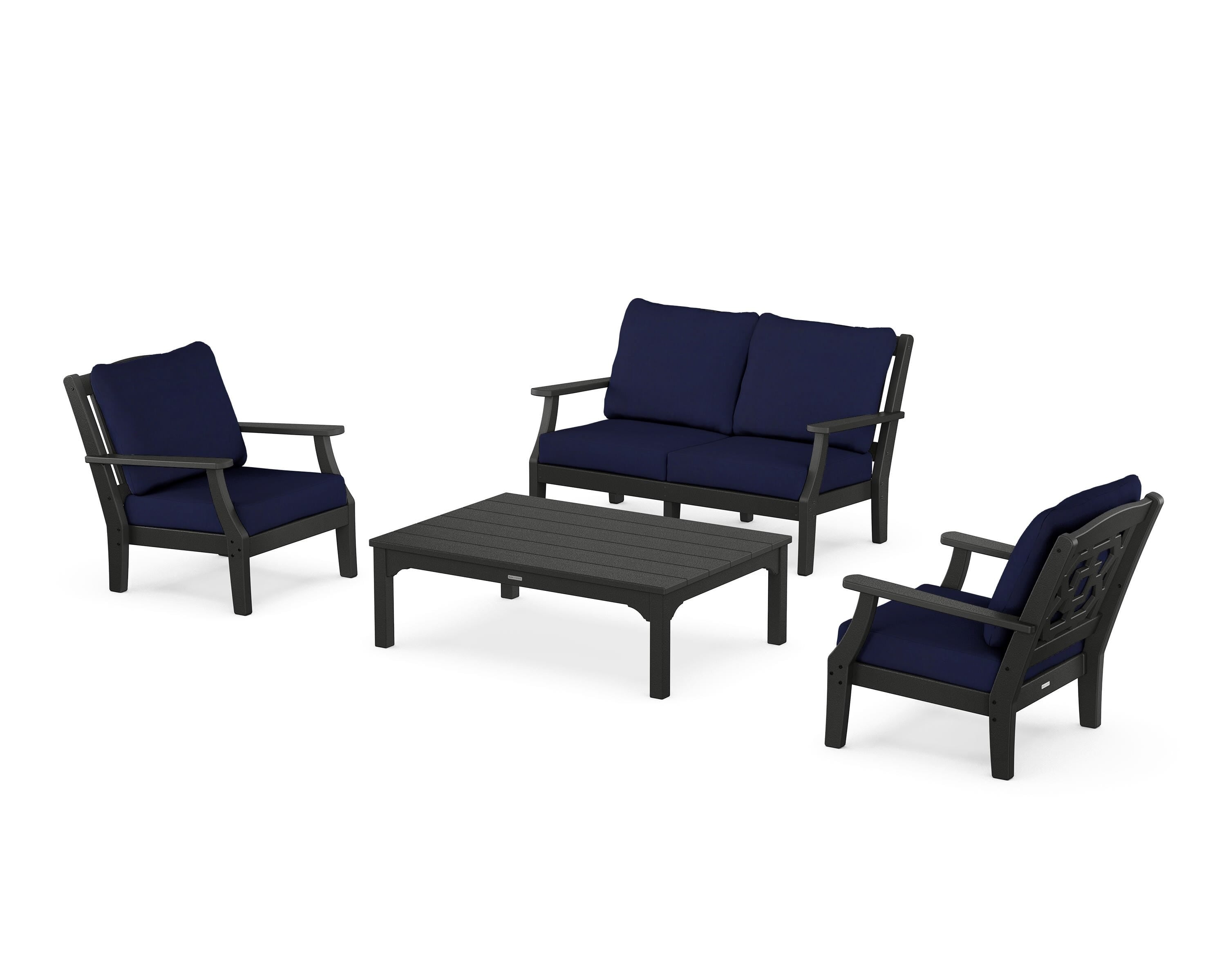 Martha Stewart by POLYWOOD Chinoiserie 4-Piece Deep Seating Set with Loveseat in Black / Navy