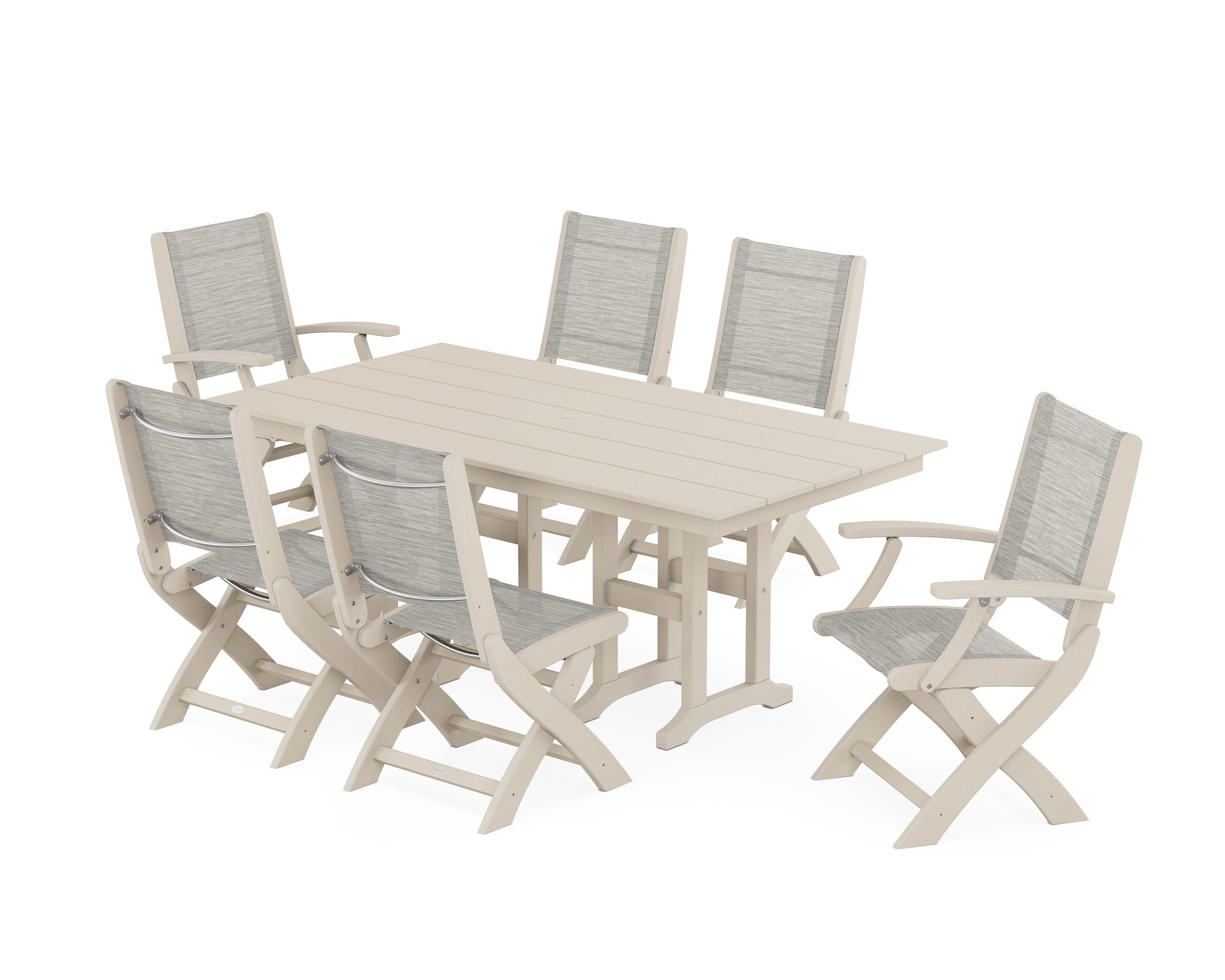 POLYWOOD Coastal Folding Chair 7-Piece Farmhouse Dining Set in Sand / Birch Sling