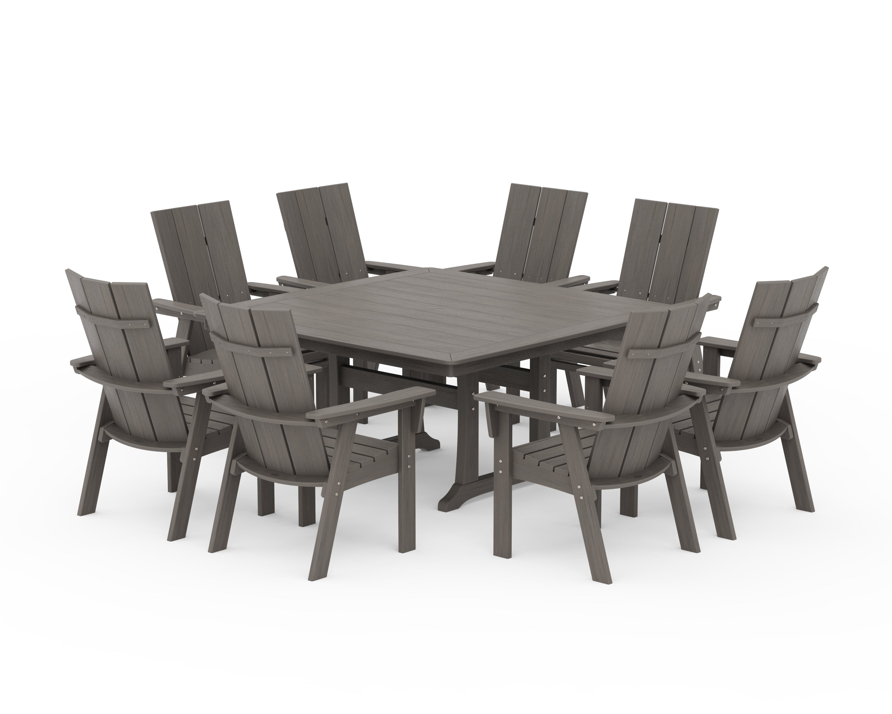 POLYWOOD Modern Curveback Adirondack 9-Piece Square Dining Set with Trestle Legs in Driftwood