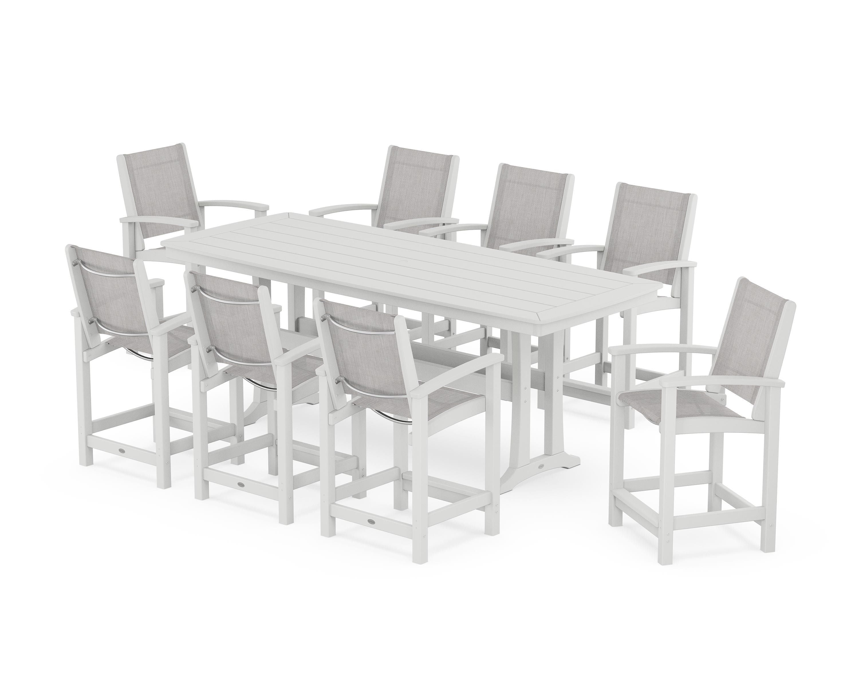 POLYWOOD Coastal 9-Piece Counter Set with Trestle Legs in White / Parchment Sling