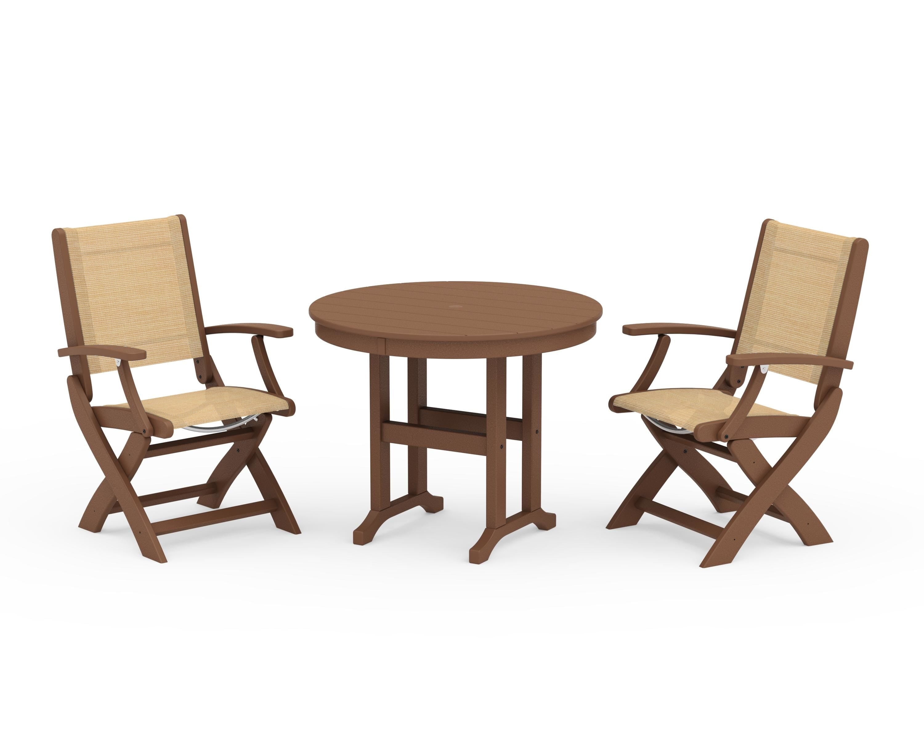 POLYWOOD Coastal Folding Chair 3-Piece Round Dining Set in Teak / Dupioni Apricot Sling