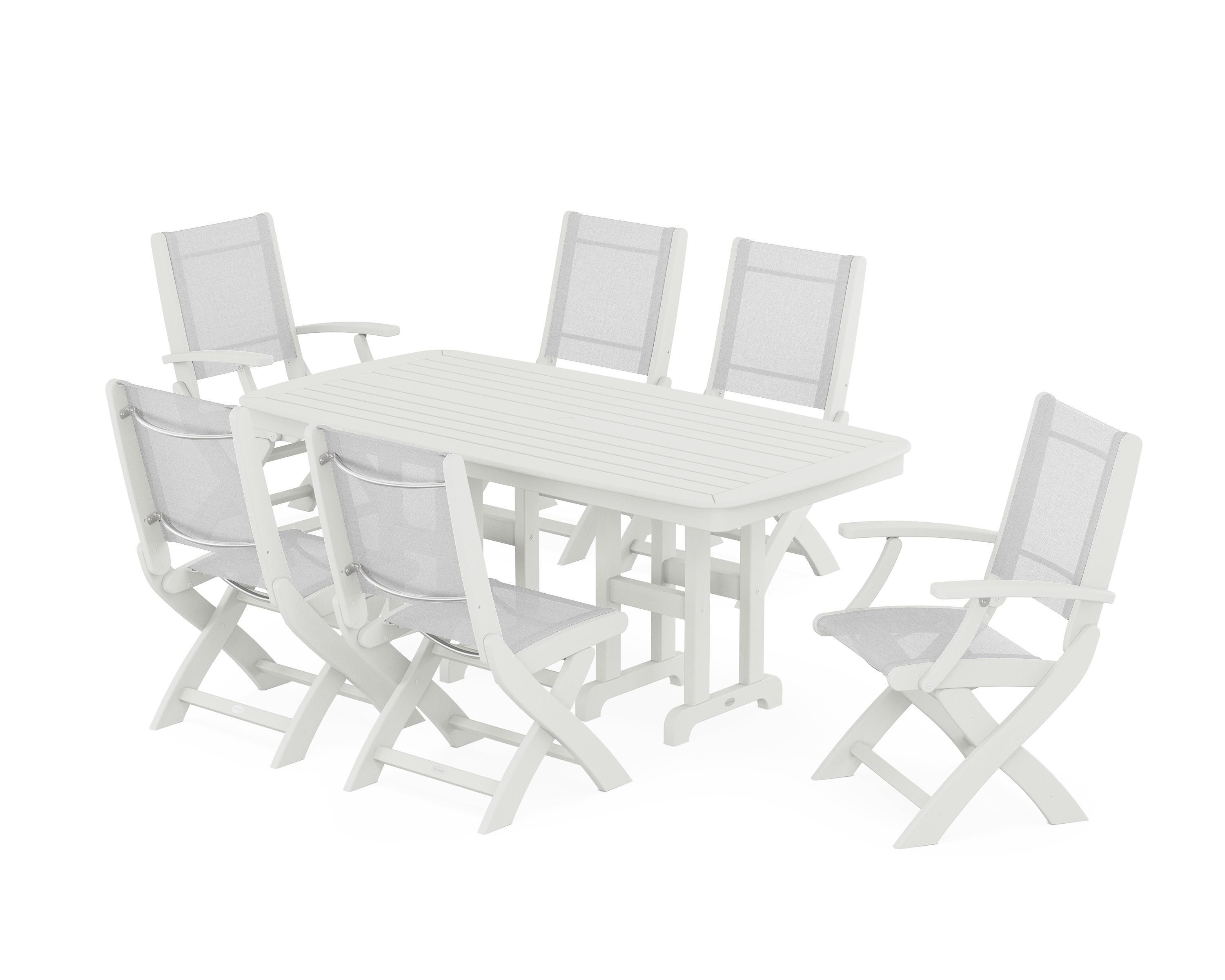 POLYWOOD Coastal Folding Chair 7-Piece Dining Set in Vintage White / White Sling