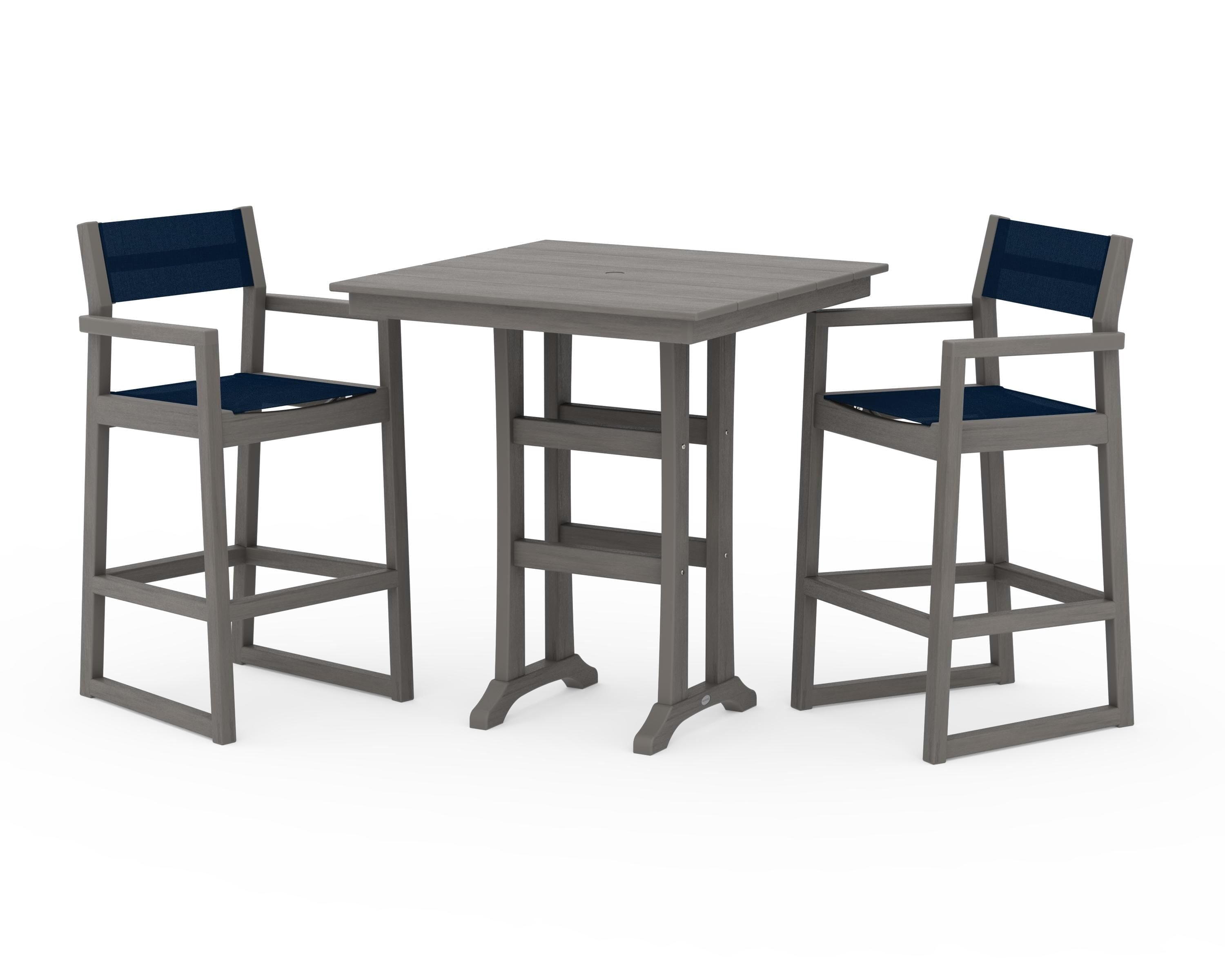 POLYWOOD EDGE Sling Arm Chair 3-Piece Farmhouse Bar Set with Trestle Legs in Driftwood / Navy Blue Sling
