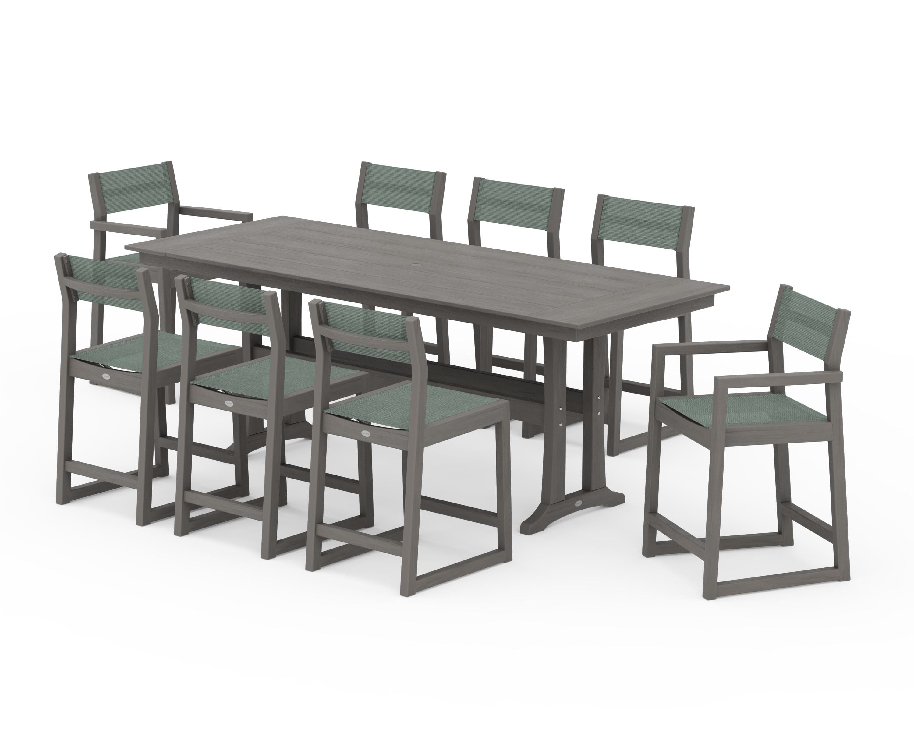 POLYWOOD EDGE Sling 9-Piece Farmhouse Counter Set with Trestle Legs in Driftwood / Dupioni Sea Mist Sling